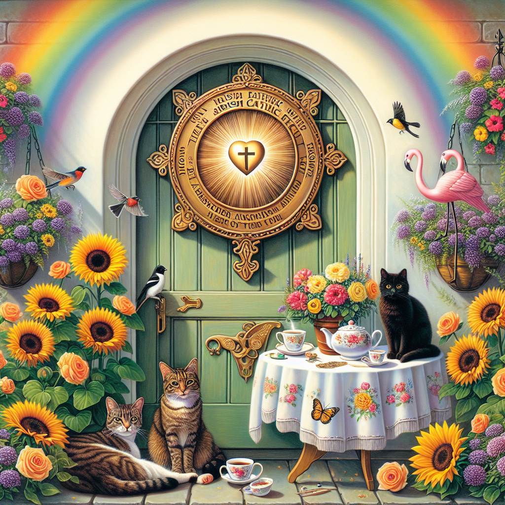 Depict a quaint porch setting inspired by Irish Catholic culture, featuring a sunlight-dappled emblem of the Sacred Heart. A freshly brewed pot of tea decorates the scene, where blooming sunflowers and sweetpeas add a burst of color, their vibrancy reflected in an arched rainbow overhead. A trio of cats - a tabby, a tuxedo, and a black one - lounge in contentment nearby. Robins and blackbirds are perched on a sewing table nearby, which is set with an array of materials and a set of delicate earrings. A single flamingo ornament stands gracefully amidst the floral scene, adding a layer of whimsy to this peaceful depiction meant to celebrate Mother's Day.
Generated with these themes: Sacred Heart, Irish, Catholic, Tea, Sunflowers , Sweetpea, Rainbow, Tabby cat, Tuxedo cat, Black cat, Robins, Black birds, Earrings, Sewing, and Flamingo.
Made with ❤️ by AI.