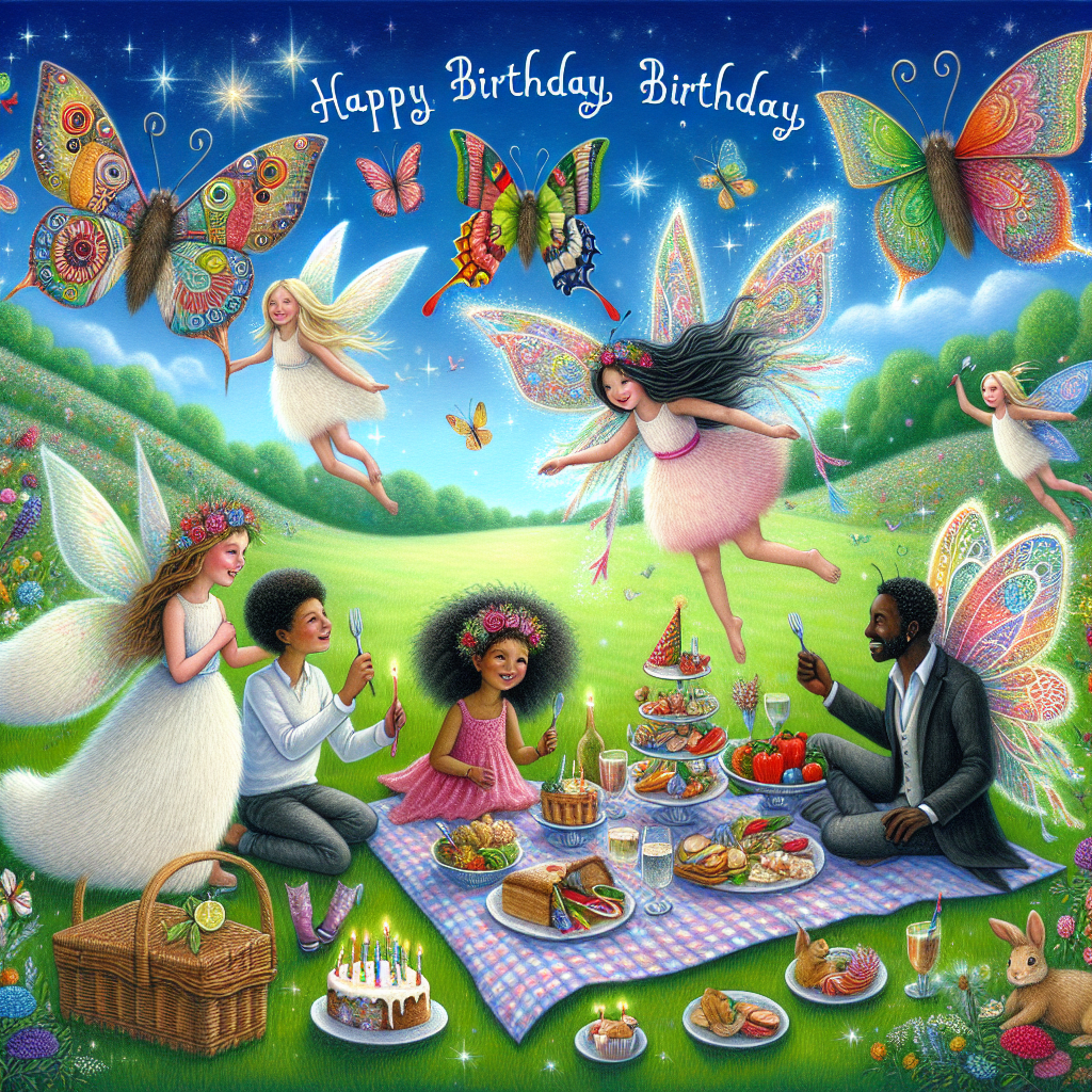 Create an enchanting birthday-themed illustration featuring vibrant elements of nature. The sky should be filled with colourful, intricately-patterned butterflies fluttering around. Below, a mixed-race family of four, two parents - one a Caucasian woman and the other a Black man, with two children - a South Asian boy and a Hispanic girl, all designed as fluffy rabbits should be enjoying a festive picnic on a lush, green field. A variety of delicacies should be spread out on a gingham cloth. Above them, portray fairies with gossamer wings and shimmering dresses of different shades, darting playfully around, infusing the whole scene with an enchanting, magical birthday ambiance.
Generated with these themes: Butterflies , Rabbits , and Fairies.
Made with ❤️ by AI.