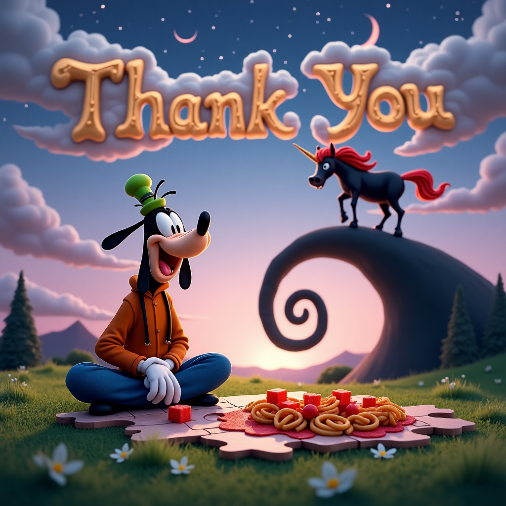 In a whimsical, fantastical landscape, the scene opens with Goofy, the beloved Disney character, gleefully sitting cross-legged on a giant puzzle piece that floats above a field of vibrant green grass. His classic, quirky smile beams as he attempts to solve a three-dimensional puzzle that seems to float around him, pieces whimsically hovering in mid-air. Nearby, an elegant black-bodied unicorn with lustrous red hair trots gracefully. Its horn glimmers like a polished gemstone under the soft twilight sky, which is painted with hues of purples and pinks, reminiscent of the "Nightmare Before Christmas" aesthetic. In the background, the twisted, iconic hill from the movie is subtly incorporated, arching towards the crescent moon.

To add a playful twist, a table is set up in this enchanted meadow, laden with a curious assortment of square gummies in a sticky, vibrant red sauce mingling with curly pasta, creating a comically gourmet spread. Goofy reaches for a gummy with curiosity, his eyes wide with wonder.

Above this delightful scene, in the sky, clouds swirl magically to form the words "Thank You" in elegant, fluffy script. These words stretch like a banner across the twilight sky, subtly glittering with stardust, as if offering thanks to an unseen recipient in a celestial manner. The entire scene is an imaginative tapestry where every element ties into a quirky, delightful narrative of gratitude.
Generated with these themes: Puzzles, Disney character Goofy cartoon, Elegant black bodied unicorn with red hair, Nightmare Before Christmas, and Square Gummies in red sauce with pasta.
Made with ❤️ by AI.