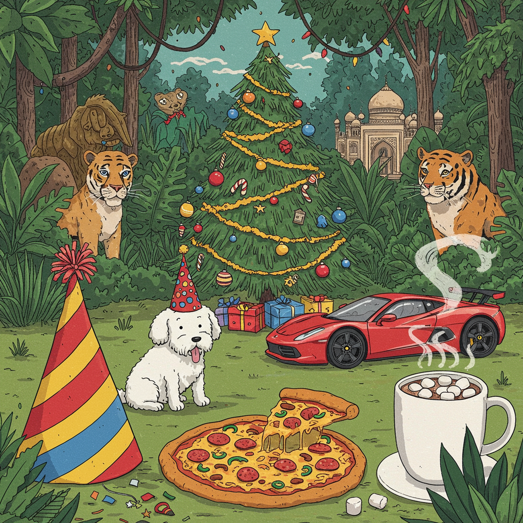 Create a vivid, hand-drawn illustration bursting with whimsical details and vibrant colors, inspired by the rich styles of beloved illustrators. 

**Foreground:**

1. **Birthday Hat:** Position a large, colorful birthday hat in the foreground, prominently featured. The hat should be striped with bright red, blue, and yellow hues, decorated with a sprinkle of confetti.

2. **White Dog:** Place a playful, fluffy white dog sitting next to the birthday hat, sporting its own mini version of the birthday hat. The dog should be drawn in a style reminiscent of Beatrix Potter, with soft fur details and a wagging tail.

3. **Pizza:** Next to the dog, draw an oversized, delectable pizza with a gooey cheese pull, topped with an array of vibrant toppings like green bell peppers, red pepperoni, and brown mushrooms, with a slice slightly lifted as if being taken.

**Midground:**

4. **Christmas Tree:** Integrate a Christmas tree adorned with eclectic decorations: shiny blue and silver baubles, twinkling fairy lights, and a few tiny Amazon parcels as ornaments. The tree should stand majestically, inspired by the grand illustrations of Arthur Rackham.

5. **Super Car:** A sleek, red supercar is parked under the tree, its surface gleaming under the lights. The car should have a realistic yet slightly exaggerated design, with glinting chrome accents and highly polished wheels.

**Background:**

6. **Jungle and India Elements:** Blend a lush jungle backdrop, reminiscent of Maurice Sendak’s wild environments. Interweave elements of Indian architecture, such as a miniature version of the Taj Mahal peeking through the dense foliage, giving a nod to India's rich heritage. 

7. **Cocoa Mug:** Nestled in the jungle, illustrate a large, inviting mug of steaming cocoa, with swirls of steam curling upwards and a dash of marshmallows bobbing on top.

**Banner:**

8. **Text Placement:** Across the scene, string a whimsical banner between the branches of the Christmas tree or atop the car, adorned with small twinkling lights. The banner should read “웅전아 생일축하해” in an elegant, swirling script, echoing the intricate line work of Aubrey Beardsley.

**Colors and Textures:**

- **Colors:** Use a vibrant, contrasting color palette with rich greens, warm reds, and deep blues to create a dynamic, eye-catching scene.
- **Textures:** Employ detailed texturing for the tree and foliage, with fine pen lines and watercolor washes to emulate the depth and detail of Edward Gorey’s illustrations.

This composition should overflow with details, inviting the viewer to explore each element, capturing the essence of an eclectic, fun-filled birthday celebration.
Generated with these themes: Birthday hat, Christmas tree, Amazon, Pizza, Super Car, White dog, Cocoa, India, and Jungle.
Made with ❤️ by AI.