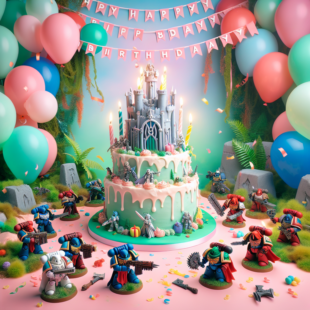 A playful scene unfolds with a lush, pastel backdrop adorned with vibrant balloons and streamers. In the center, a celebratory Warhammer-esque cake takes stage, decorated with adorable, miniature figures that evoke fantasy space warriors, armed with birthday hats instead of axes, surrounding a towering candle-lit fortress. Confetti resembles the remnants of mock battle scenes, and a cheerful banner reads 'Happy Birthday,' all depicted in an animated, child-friendly art style.
Generated with these themes: Warhammer 40k, Worldeaters, and Angarron.
Made with ❤️ by AI.