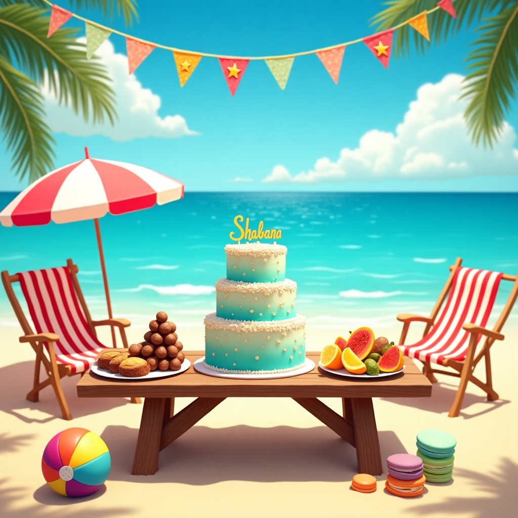 Front Cover Design:

**Background**: 
The scene unfolds on a picturesque beach during a sun-soaked holiday. The sky is a vibrant shade of azure, dotted with fluffy, white cumulus clouds lazily drifting by. The golden sand stretches out, meeting the gentle waves of the cerulean ocean, which sparkles under the bright sunlight.

**Foreground Elements**:
- **Table Setting**: Centered on the sand is a rustic wooden picnic table laden with a delightful assortment of birthday treats.
  
  - **Birthday Cake**: A lavish, three-tiered cake adorned with intricate icing details sits prominently. The cake is a delightful burst of pastel colors – mint green, baby blue, and lavender layers topped with a scattering of edible golden stars. On the top tier, written in shimmering edible gold, is the name "Shabana".
  
  - **Food & Dessert**: The table is surrounded by an array of inviting treats, like a pyramid of glossy chocolate eclairs, a platter of glistening tropical fruits including slices of ripe mango, papaya, and kiwi, and a stack of colorful macarons in shades of coral, pistachio, and lemon.

- **Decorations**:
  - Above the table, a string of bunting flutters gently in the breeze, featuring small, pastel-colored triangular flags. One of these flags creatively displays "Shabana" in a handwritten, calligraphy style with a subtle gold sheen.
  
  - A quirky detail is the beach ball resting beside the table, with vibrant swirls of red, yellow, and blue.

**Additional Elements**:
- **Holiday Ambiance**: In the background, a pair of vintage-style beach chairs, one striped in red and white and the other in turquoise and white, are angled towards the ocean. A classic beach umbrella in alternating stripes of pink and orange is planted nearby, casting a dappled shadow on the sand.

This scene captures the essence of a vibrant birthday celebration set in a dreamy beach holiday location, with every element carefully designed to bring this lifelike depiction to life.
Generated with these themes: Food, Dessert, Holiday, and .
Made with ❤️ by AI.