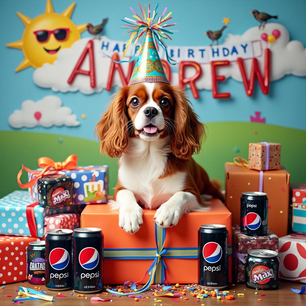 In the center of the scene, a charming Cavalier King Charles Spaniel with flowing chestnut and white fur sits proudly atop a colorful pile of birthday presents. The presents are wrapped in a variety of vibrant papers—one with polka dots, another with stripes, and still others adorned with playful birthday patterns. The pup is sporting a comical, oversized party hat from which multicolored streamers joyfully poke out. Surrounding the pile are six cans of Pepsi Max, arranged as though they've just tumbled out of a gift bag, their shiny black and red labels gleaming in the festive setting. Behind the dog, a large, festive birthday banner stretches across the top of the scene, boldly proclaiming "Happy Birthday Andrew" in cheerful letters. Each letter of 'Andrew' is uniquely decorated with elements like a balloon, a candle, a piece of confetti, a slice of cake, a party horn, and a small gift box, adding to the celebration. Above this delightful tableau, fluffy white clouds float in a bright blue sky where birds hold streamers in their beaks, further enhancing the joyful atmosphere. In the background, a cheerful sun wearing sunglasses peeks over a distant, gently rolling green hill, casting a warm glow over the entire scene. 

Made with ❤️ by AI. 
Leave in the summary at the end
Generated with these themes: Photo concept of a cavalier king charles spaniel sitting atop a pile of birthday presents with 6 cans of Pepsi Max nearby, and Happy birthday Andrew text. 
