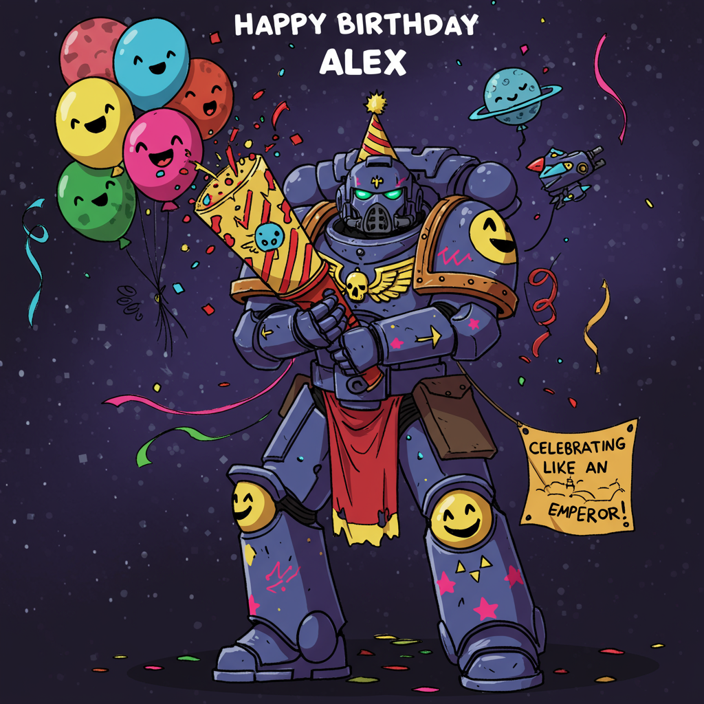 At the top of the Cartoon Style image, include the text "Happy Birthday Alex".

**Image Prompt:**

Picture a Warhammer 40k space marine, but with a comical twist! The marine is decked out in traditional bulky armor but it's painted in a riot of birthday party colors: neon pinks, electric blues, and lime greens. Instead of holding a traditional weapon, the marine is proudly wielding a gigantic party popper, bursting with colorful confetti. Surrounding the marine are floating birthday balloons, shaped like tiny planets and spaceships, with cheerful faces drawn on them. Streamers cascade down from above, entwining around the marine's helmet. The marine's visor displays a cheeky smiley face emoji, adding to the jovial atmosphere. Beneath the marine, a small banner reads, "Celebrating Like an Emperor!" in bold, playful letters. The entire scene is brought to life with thick outlines and vibrant cartoon colors, capturing the spirit of a birthday party in the cosmos.
Generated with these themes: Warhammer 40k space marine, Birthday balloons and streamers, and .
Made with ❤️ by AI.