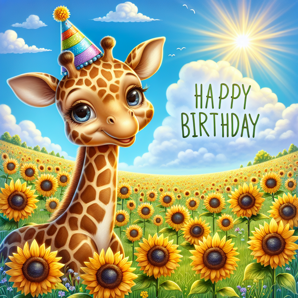 Create a charming illustration with a birthday theme. In the scene, feature a amiable giraffe, decked out in a multi-hued party hat. The giraffe is amidst a vivid meadow full of sunflowers under a radiant blue sky. The sunflowers, which contribute to the joyful ambience, are organized to resemble attendees at a birthday bash, with the highest of them donning a small celebration hat. The setting emanates a heartwarming, festal ambiance.
Generated with these themes: Giraffe , and Sunflowers.
Made with ❤️ by AI.