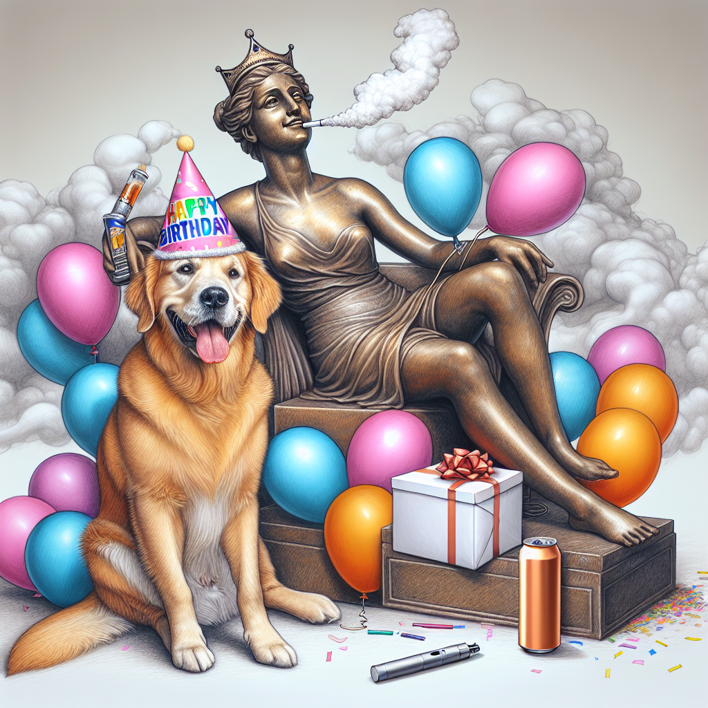 A playful and light-hearted birthday drawing showcasing a jubilant golden retriever bedecked with a festive cone hat. The dog is sitting alongside a bronze sculpture of an anonymous, contented female. The dog's paw rests on a colorfully wrapped birthday present, and the area is replete with an assortment of balloons and confetti creating a festive ambiance. In the setting's backdrop, a cold beer rests beside a canned energy drink, indicative of a celebratory toast. Subtly, clouds from an e-cigarette rise, instilling a dreamy mood into the setting.
Generated with these themes: Golden retriever , Lucy bronze , Beer , Redbull, and Vapes.
Made with ❤️ by AI.