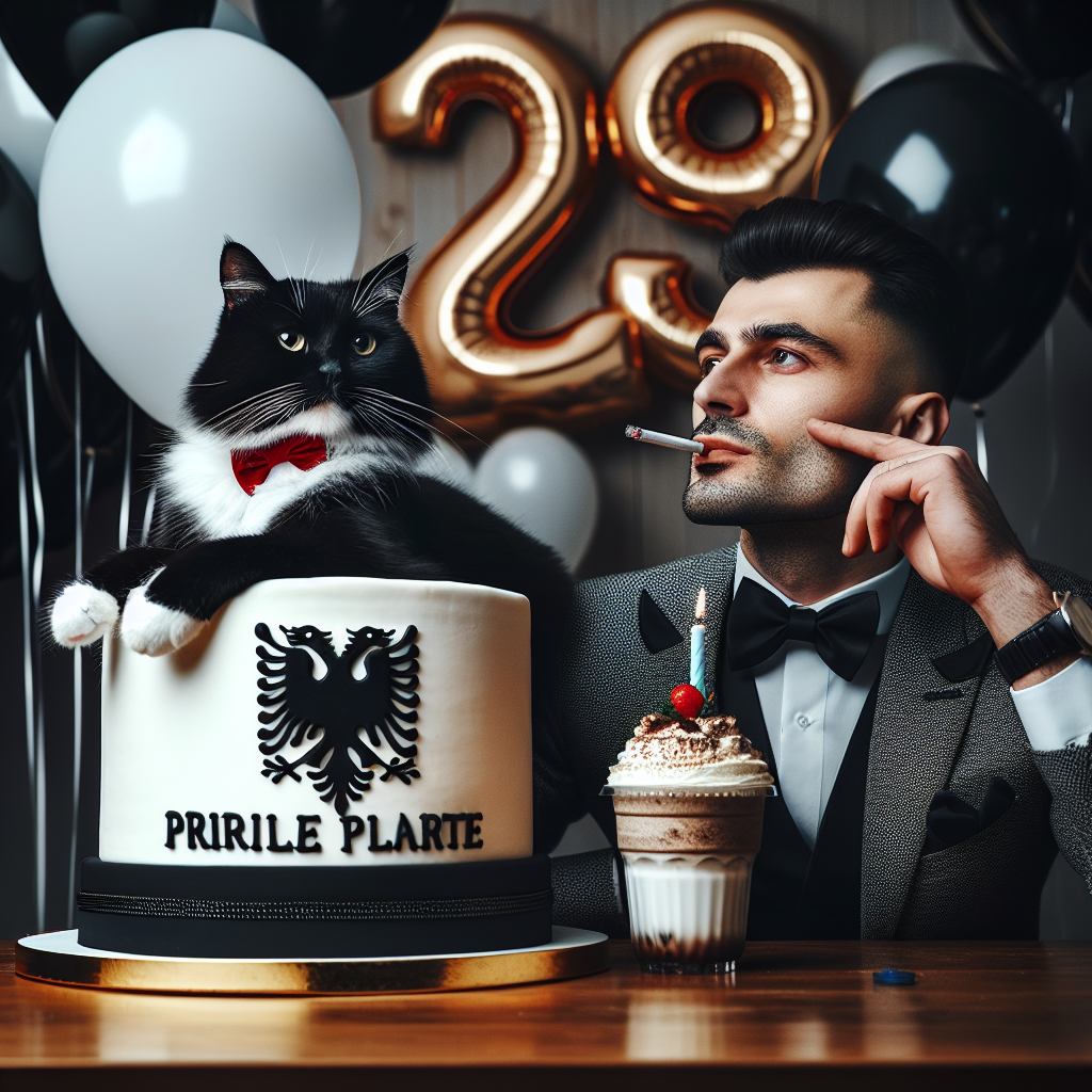 A stylish tuxedo cat is lounging atop a beautifully decorated Trileche cake, marking the highlight of a 29th birthday celebration. Next to the cake, a man, identifiable as an Albanian descent by the traditional attire, enjoys a frappe, a lit cigarette in his other hand. His gaze, proud and personal, sweeps across the setting, a validation of the personally significant elements present. The backdrop teems with balloons and streamers, completing the celebratory theme resonating with the individual's tastes and cultural background.
Generated with these themes: Tuxedo cat, Albanian husband , 29th Birthday , Trileche, and Cigarette and frappe.
Made with ❤️ by AI.