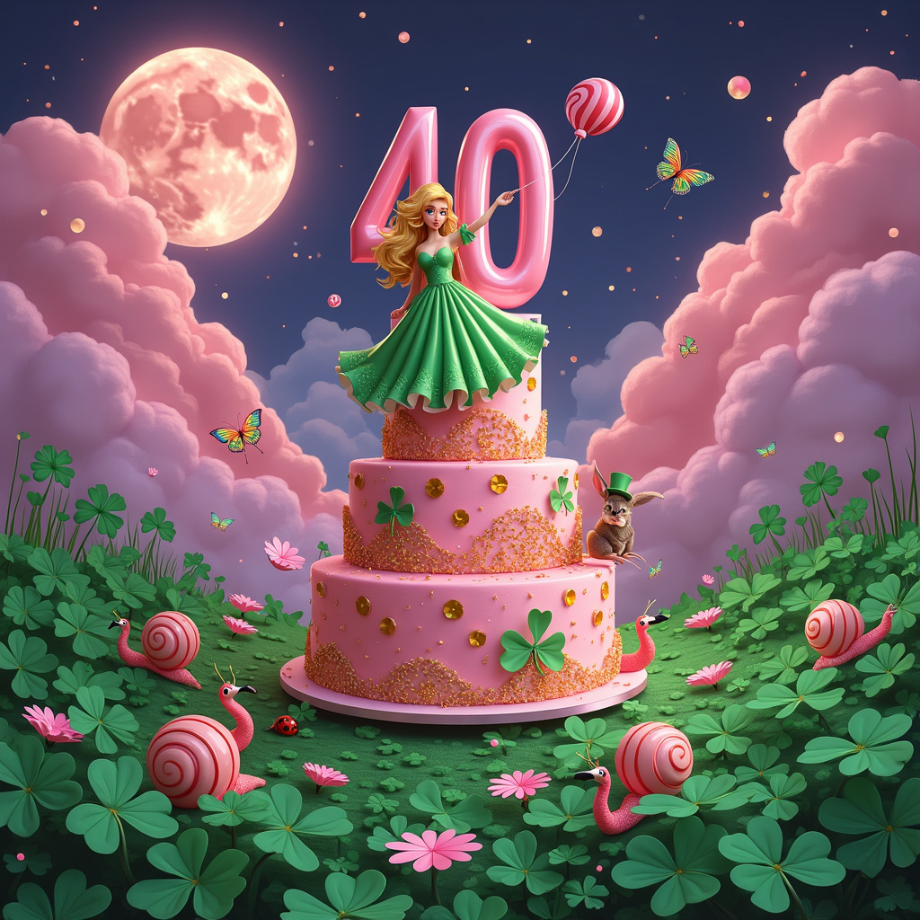 The scene is set on a lush, rolling green field filled with an explosion of clovers and shamrocks, their emerald leaves forming a natural, undulating carpet. At the center of this verdant expanse stands a grand, surreal birthday cake that appears to be made from pink, crystalline candy. The cake rises into the sky, defying gravity, with each layer floating slightly above the one below it. The cake is adorned with whimsical decorations: golden shamrock patterns that shimmer in the light, and surreal pink flamingos perched on the edges, balancing on one leg.

Perched atop this fantastical cake is a blonde woman with cascading waves of golden hair that seem to merge seamlessly with the golden shamrock patterns. She is wearing a dress made entirely of clovers, each leaf delicately interconnected, and the dress changes hue from deep green at the hem to a vibrant pink at the bodice, blending seamlessly with the cake. The number "40" floats above her head in large, balloon-like figures, but these are not ordinary balloons; they are made of translucent pink glass, reflecting light like prisms and casting rainbow shards across the scene.

To the side of the cake, a small, whimsical parade is happening. There are surreal creatures: a rabbit with a monocle and top hat juggling pink and green macarons, and a snail with a shell made of a giant, swirling peppermint candy, inching along with a tiny banner that reads "Happy 40th!" in a quirky, hand-drawn font. Sprinkled throughout the scene are butterflies with shamrock-patterned wings and ladybugs that leave trails of pink glitter as they fly.

In the background, the sky is a deep, twilight purple with swirling, whimsical clouds shaped like clover leaves, and a large, glowing pink full moon that casts a soft, magical light over everything. There's a touch of retro-futuristic flair with elements inspired by Yulia Sokolova's and Patrick Seymour's detailed line work, and the bold, geometric patterns reminiscent of Matt W. Moore and Joshua Davis.

This surreal birthday scene melds the whimsical and the magical, creating a uniquely captivating and joyous image to celebrate a 40th birthday.
Generated with these themes: Blonde , 40th Birthday, Pink, Shamrocks, and Clovers.
Made with ❤️ by AI.