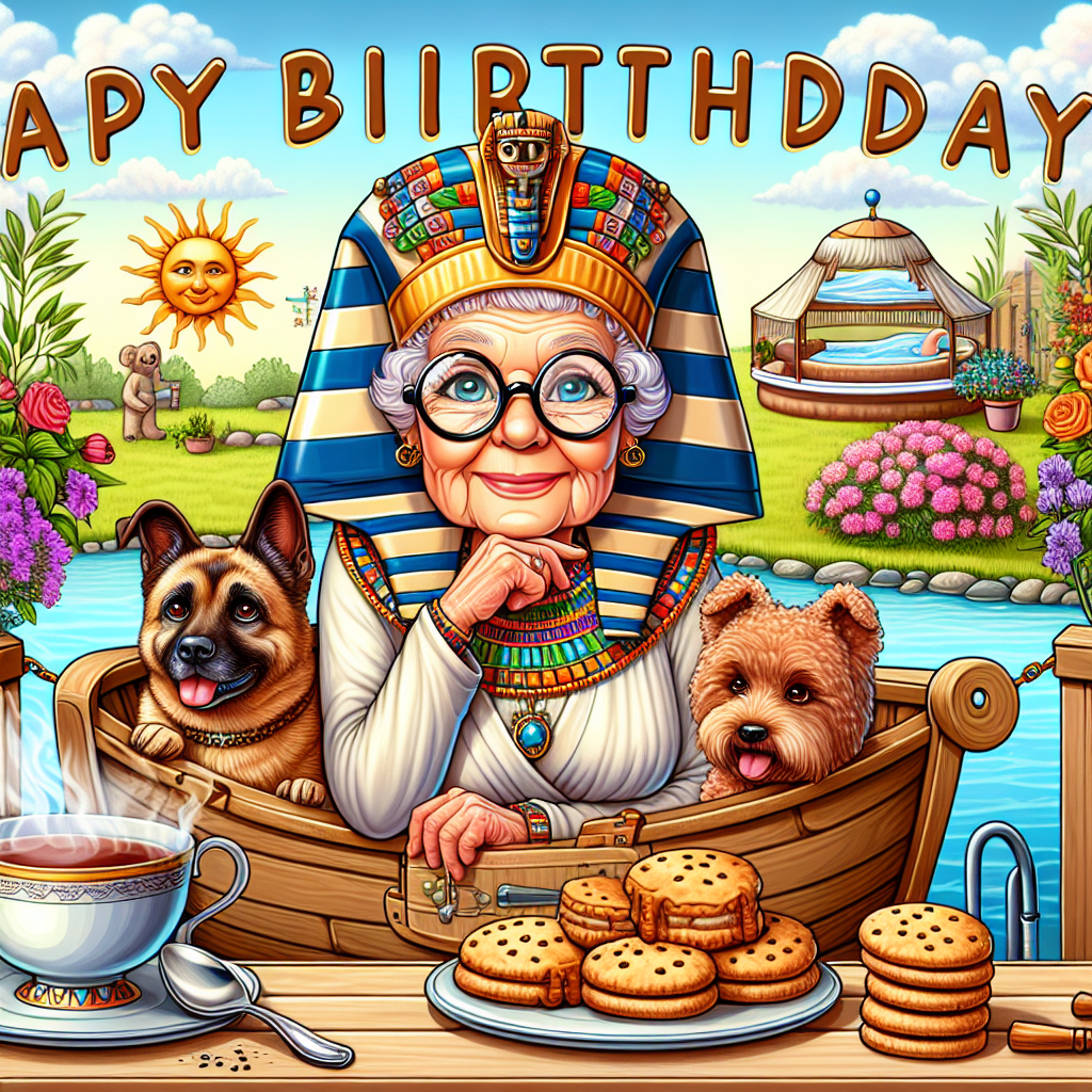 Create a cartoon-style birthday card featuring a Caucasian 94-year-old woman with ginger hair. She is portrayed in the style of an Egyptian pharaoh, regally seated on a quaint boat sailing on the Nile River. Her eyes are magnified by reading glasses that hang on a chain around her neck. Two dogs, one brown and one yellow, accompany her, both radiating happiness. A garden full of colorful plants is visible on the riverbank, symbolizing her love for gardening, and a waiting hot tub signifies her relaxation hobbies. Foreground features a steaming cup of tea beside a plate of biscuits, contribute to the theme of comfort. Above all, 'Happy Birthday' is written in bold letters on the backdrop.
Generated with these themes: 94 year old woman with ginger hair as an egyptian pharaoh sitting on a boat on the Nile River, Glasses on a chain around her neck, 1 small brown dog and 1 small yellow dog, Gardening, Hot tub, Cup of tea and biscuits, and Happy Birthday in the background.
Made with ❤️ by AI.