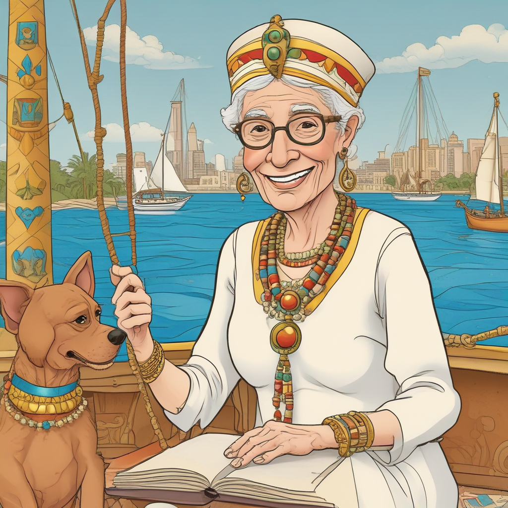 94 year old woman with ginger hair as an egyptian pharaoh sitting on a boat on the Nile River, Glasses on a chain around her neck, 1 small brown dog and 1 small yellow dog, Gardening, Hot tub, Cup of tea and biscuits, and Happy Birthday in the background Birthday Card
