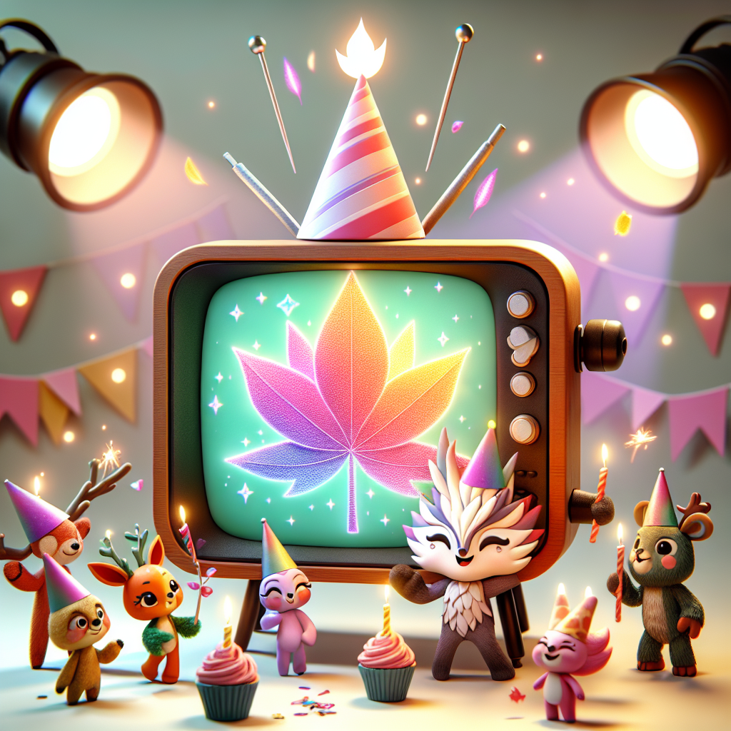 Create an endearing birthday scene featuring a charming, anthropomorphic TV character who is in the spotlight. The TV character sports a party hat that is playfully tilted to one side, and its screen animately displays a vibrant, stylized leaf emitting sparkles. The TV character is surrounded by an assortment of small woodland creatures and animated characters, each gleefully holding a miniature cupcake with a twinkling lit candle, all set to elevate the birthday festivity.
Generated with these themes: Weed tv.
Made with ❤️ by AI.