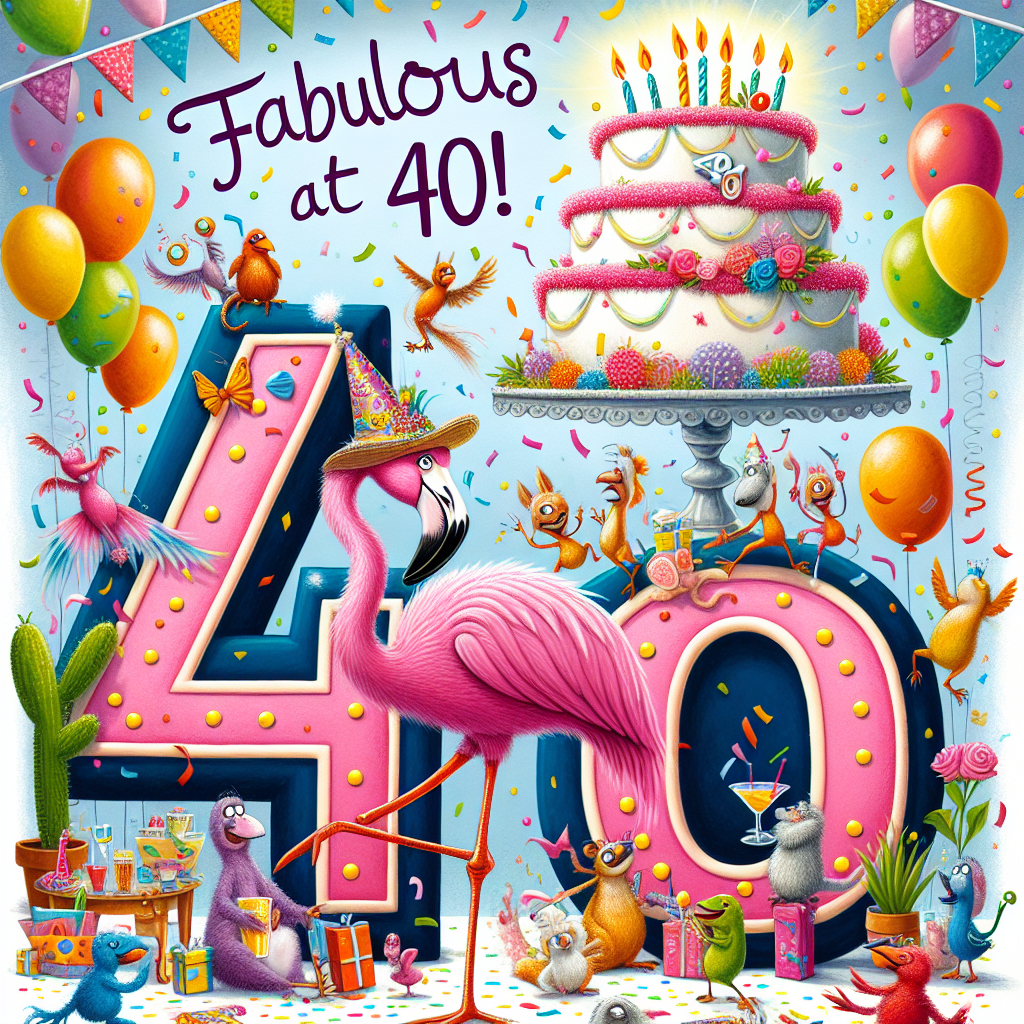 A whimsically styled image shows a fancy attired flamingo announcing 'Fabulous at 40!', amid a shower of confetti and colorful balloons. The setting is defined by a gigantic cake carrying '40' as its topper in the background. The joyful image also features a collection of cartoon critters indulged in a lively dance party, sporting party hats and streamers, symbolizing the excitement and enjoyment of a 40th birthday party.
Generated with these themes: 40th .
Made with ❤️ by AI.