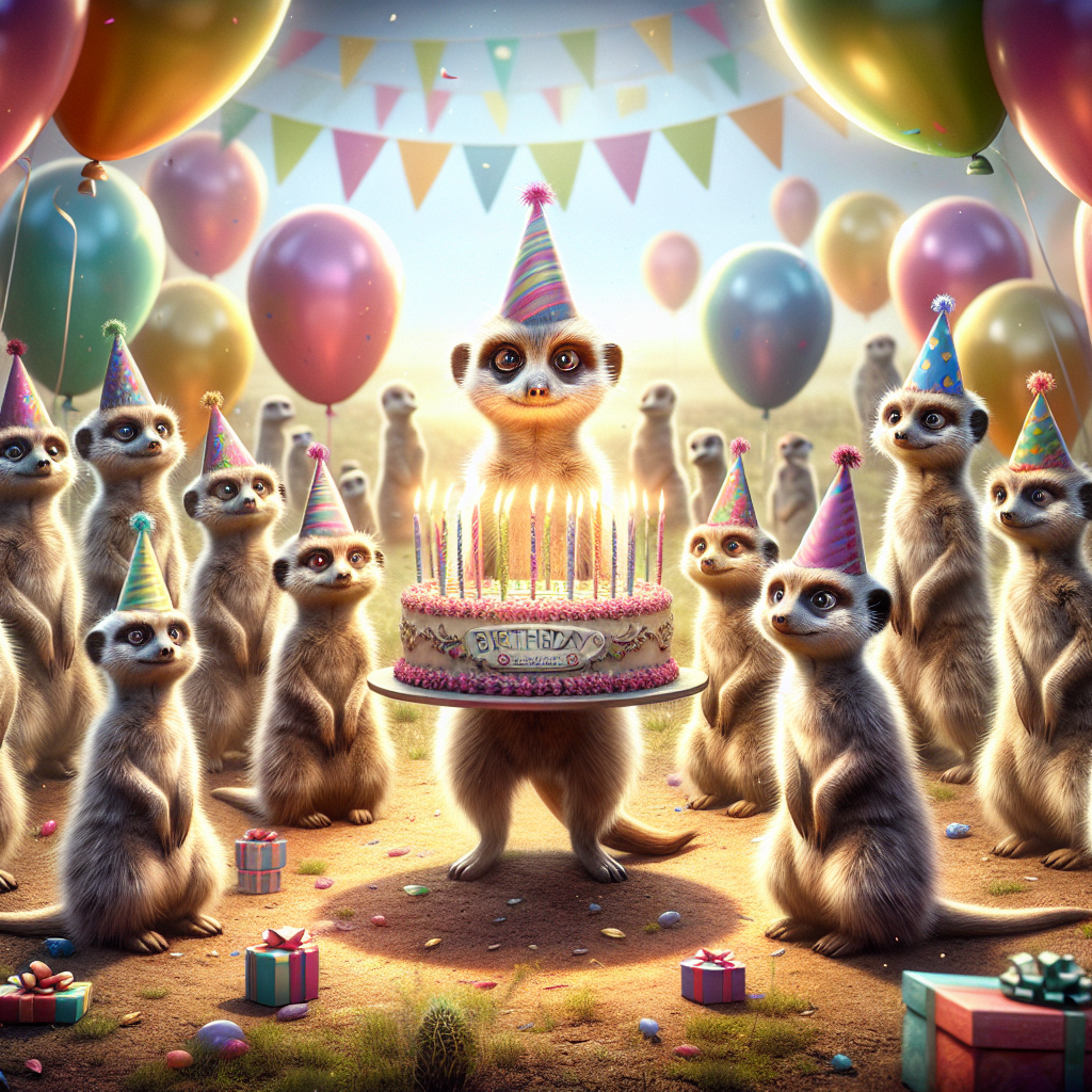 Generate a vibrant and joyous image symbolizing a birthday celebration set in a Brentford-like environment. A gathering of meerkats is visible, each wearing party hats of varying shades. A large, decorative cake, complete with candles, forms the center point of the scene. Balloons are scattered, floating in the backdrop providing an atmosphere of festivity. Among the group of meerkats, one is distinct, holding a gift box, all set to join in the festivities.
Generated with these themes: Brentford, and Meerkat.
Made with ❤️ by AI.