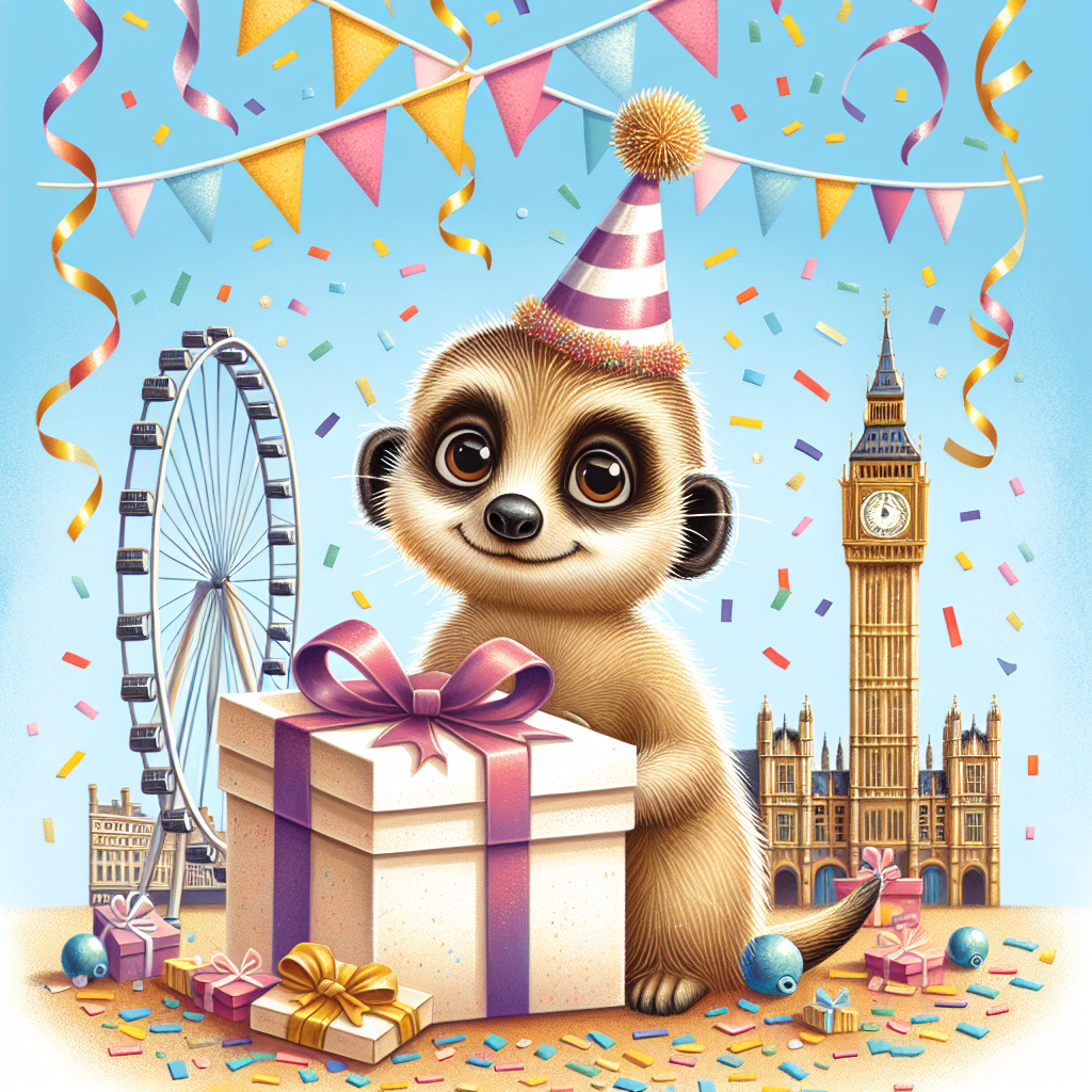 Create an endearing illustration portraying a birthday celebration in Brentford. At the center of the event lies a charming meerkat character. The festive scene is abuzz with confetti and streamers cascading around the meerkat, further enhancing the celebratory atmosphere. The meerkat wears a petite festive hat, accentuating its cuteness, and perches next to a gift box, meticulously wrapped and bedecked with bows. In the background, landmarks emblematic of Brentford, making the locale recognizable, serve as the backdrop.
Generated with these themes: Brentford, and Meerkat.
Made with ❤️ by AI.