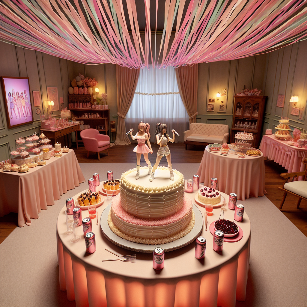 The birthday celebration scene unveils a convivial room, embellished with pastel-colored streamers gently zigzagging across the ceiling, instilling a realistic and festive ambiance. At its heart, a circular table draped in a soft-hued pink tablecloth is graced by a two-tier birthday cake. Decorations made from sugar icing resembling two unidentified female pop singers armed with microphones stand ready for a performance over the cake's smooth icing. The cake is surrounded by assortments of desserts and cans of cherry-flavored soda which introduce a playful burst of red to the setting. In the backdrop, a large digital screen plays out the most recent sensation in social media dance routines, enticing attendees to participate. One corner of the room features a reproduction of a common living room setup, providing a familiar and intimate space for companions to congregate and share memories.
Generated with these themes: Taylor Swift, Olivia Rodrigo, Tiktok, Cherry Pepsi, and Friday Night Dinner.
Made with ❤️ by AI.