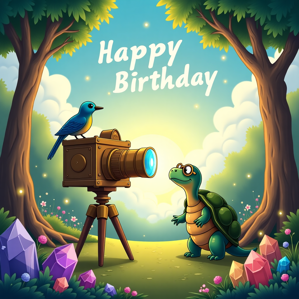 In this vibrant cartoon scene, imagine a lush, serene forest clearing bathed in the gentle glow of a rising sun, where crystals of various hues—amethyst, quartz, and citrine—sparkle as they nestle among the roots of ancient trees. At the center of this enchanting setting stands an oversized, vintage camera with a polished brass finish, reminiscent of early photography equipment, resting on a sturdy tripod. This whimsical camera is adorned with clusters of tiny, shimmering crystals, blending the worlds of photography and the mystical. Beside it, an ethereal figure, a wise old tortoise with spectacles perched on its snout, holds a glistening crystal lens, preparing to capture the scene. Perched on a tree branch above, a mischievous bluebird with a golden monocle curiously observes the spectacle, adding a touch of whimsy. In the background, the word "Hayleigh" is artfully incorporated into the fluffy clouds, forming a natural "Happy Birthday" banner that gently arches across the sky. Delicate, translucent auras of soft pastel colors emanate from the crystals and swirl throughout the scene, giving it a spiritual, otherworldly feel. The forest floor is adorned with delicate wildflowers and leafy vines, with small, twinkling fireflies adding a touch of magic as they dance through the air. This delightful scene, infused with the essence of crystal energy, photography, and spirituality, offers a heartfelt and imaginative birthday greeting to Hayleigh.
Generated with these themes: Crystals, Photography, and Spiritual.
Made with ❤️ by AI.