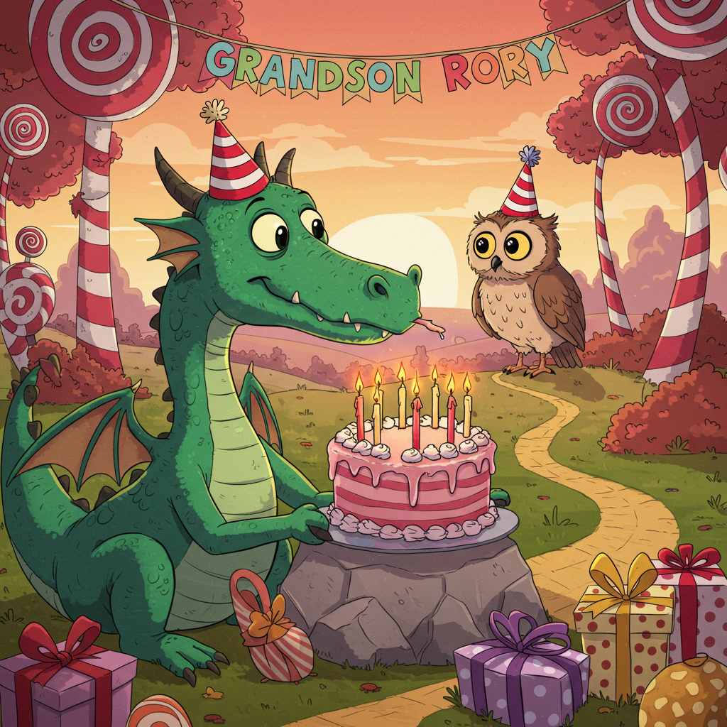 Front and center is a whimsical, cartoon-style dragon with exaggerated, rounded features similar to those found in Bill Watterson's Calvin and Hobbes, sporting scales that shift from bright emerald green to vibrant turquoise. The dragon is blowing out bright, fiery orange candles atop a large, round, cartoonish birthday cake, frosted in swirling blue and pink, perched on a boulder-like plate.

Perched atop the dragon's snout, with oversized, inquisitive eyes and a slightly puffed-up chest like an avian Charles Schulz character, is a quirky owl. The owl's feathers are drawn with rich purples and lavenders, each feather tip outlined in a comical, exaggerated style akin to Gary Larson's works. The owl holds a small party hat balanced precariously on its head, with red and white stripes, topped with a fuzzy pompom.

In the background, reminiscent of Winsor McCay’s imaginative worlds, is a surreal landscape with giant, lollipop-like trees in the shape of spiraling candy canes in vibrant reds and whites, and a sky painted in warm sunset hues of pink and orange. There’s a hint of a winding yellow-brick path, snaking its way through the landscape, creating depth and movement in the scene.

Suspended in the air above the cake, a colorful, illustrated banner fluttering like a comic strip from Will Eisner's works reads, "Grandson Rory" in big, bold letters. The letters are an eclectic mix of colors: bright reds, sunny yellows, and cool blues, each letter given a playful, exaggerated shadow.

On the ground beneath the dragon, scattered presents with wrapping in a palette of soft pastels and polka dot patterns mimic the vibrant style of Walt Disney’s early animations, each box tied with a bow that has a little bounce to its loops.

This scene is bursting with lively and playful details, providing a rich canvas that captures the fun and fantasy for Grandson Rory's birthday celebration.
Generated with these themes: Dragon, and Owl.
Made with ❤️ by AI.