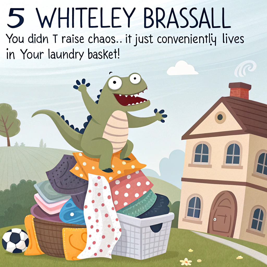 At the top of the image, "5 Whiteley Brassall – You didn’t raise chaos… it just conveniently lives in your laundry basket!"

- In the center of the illustration, show a mountain of laundry piled comically high in the middle of a cheerful suburban living room. Out of the sock-and-underwear chaos peek two wide cartoon eyes, a wagging tail, and perhaps the tip of a dinosaur tail or pirate hat — hinting that this laundry heap is actually a gateway to some alternate realm of child-induced havoc.  
- Surrounding the pile are random household items looking bewildered — a vacuum holding a protest sign (“Not Paid Enough for This!”), a mop sulking with sunglasses on, and a goldfish in its bowl gazing out like it's seen too much.
- The scene is colourful, humorous, and bursting with energetic messiness, channeling that everyday mayhem that only mums can decode (or barely survive).
Generated with these themes: 5 Whiteley Brassall.
Made with ❤️ by AI.