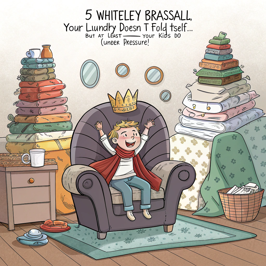 At the top of the image, "5 Whiteley Brassall, your laundry doesn’t fold itself… but at least your kids do (under pressure)!"

- Create a whimsical cartoon scene of a living room completely overtaken by laundry — heaps of clothes towering like mountains.
- In the middle, a heroic iron sits on a plush armchair like a royal throne, wearing a glittering crown and sipping tea from a mug that says “Queen of the Load”.
- Around the room, mischievous socks are staging a mutiny, clinging to furniture and peeking from drawers like ninjas.
- A calendar in the background reads “Mother’s Day – Annual Fabric-tastrophe!”
- Include cheerful pastel tones and cheeky little speech bubbles with rebellious laundry saying things like, “She’ll never find me in the fitted sheet pile!” and “Freedom for the sock orphans!”
Generated with these themes: 5 Whiteley Brassall.
Made with ❤️ by AI.