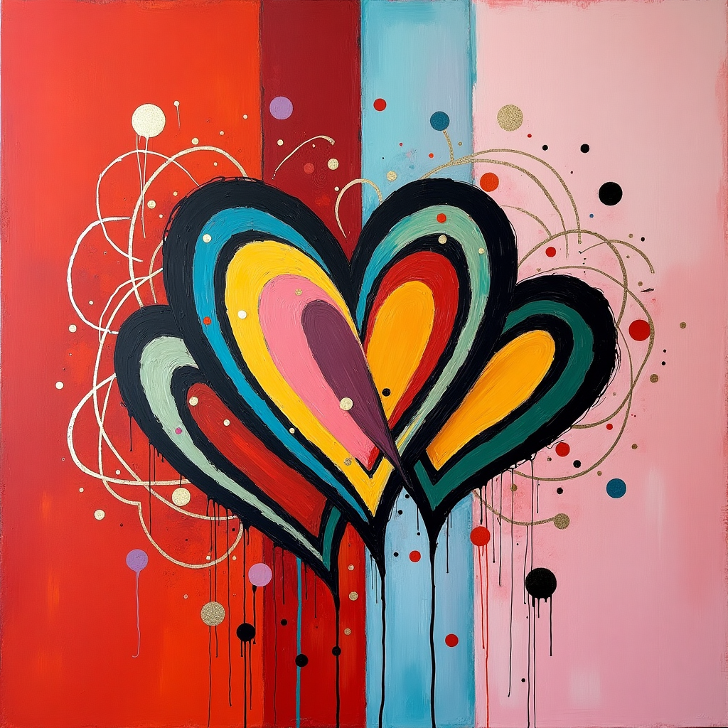 The front cover of this Valentine's Day greeting card is a vibrant and abstract celebration of intertwined hearts, or "cuori intrecciati," drawing inspiration from the avant-garde masters listed.

**Background:**
The canvas is divided into two asymmetrical blocks of contrasting colors—one half in a deep, luscious crimson, the other a soft, pastel pink. This juxtaposition provides a bold yet harmonious backdrop, reminiscent of Rothko's color fields. Overlapping brush strokes of muted lavender and periwinkle stretch across the divide, reminiscent of Richter's blurring technique, creating a gentle transition between the two halves.

**Foreground Elements:**
At the center, a cluster of abstract heart shapes dominates the scene. These hearts are composed of intersecting geometric forms: sharp-edged triangles, fluid ovals, and dynamic lines, evoking the spirit of Kandinsky and Miró. Each heart is outlined in bold black, a nod to Mondrian's signature style, while the interiors are filled with splashes of bright yellows, cerulean blues, and forest greens, creating a kaleidoscope of color akin to Pollock's drip paintings.

Around the hearts, a series of chaotic yet deliberate scribbles and loops in white and gold encircle them, channeling Twombly's expressive gestures. These looping lines give the appearance of energy and movement, suggesting the lively nature of love's intertwining dance.

**Additional Elements:**
Scattered throughout the card are small, angular fragments and dots in metallic silver, hinting at Malevich's suprematist influence. These elements serve as visual punctuation marks, bringing balance and an additional layer of complexity to the composition.

**Final Touch:**
The card's border is a thin band of alternating light coral and teal stripes, echoing Agnes Martin's subtle yet meticulous linear patterns, framing the abstract scene with a touch of order amidst the exuberant chaos.

This abstract representation transforms the concept of intertwined hearts into a vivid tapestry of shapes, colors, and forms, embodying the essence of Valentine's Day in a wholly unconventional manner.
Generated with these themes: cuori intrecciati.
Made with ❤️ by AI.