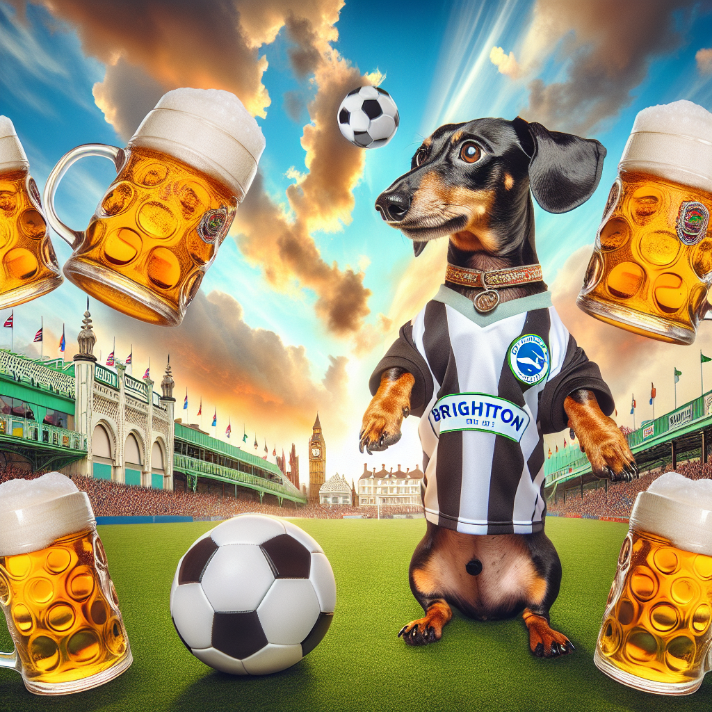An endearing image to celebrate an anniversary with a black and tan dachshund wearing a soccer jersey, caught in the act of kicking a soccer ball in a lush green field. The backdrop is graced with an array of iconic Brighton landmarks, adding an element of familiarity to the scene. Foregrounded in the image are cheerful beer steins, filled to the brim with frothy ale, raising a toast to this joyous occasion. Above, the sky bursts into an array of spectacular colors, adding to the festive atmosphere.
Generated with these themes: Black and Tan dachshund , Soccer, Beer, and Brighton.
Made with ❤️ by AI.