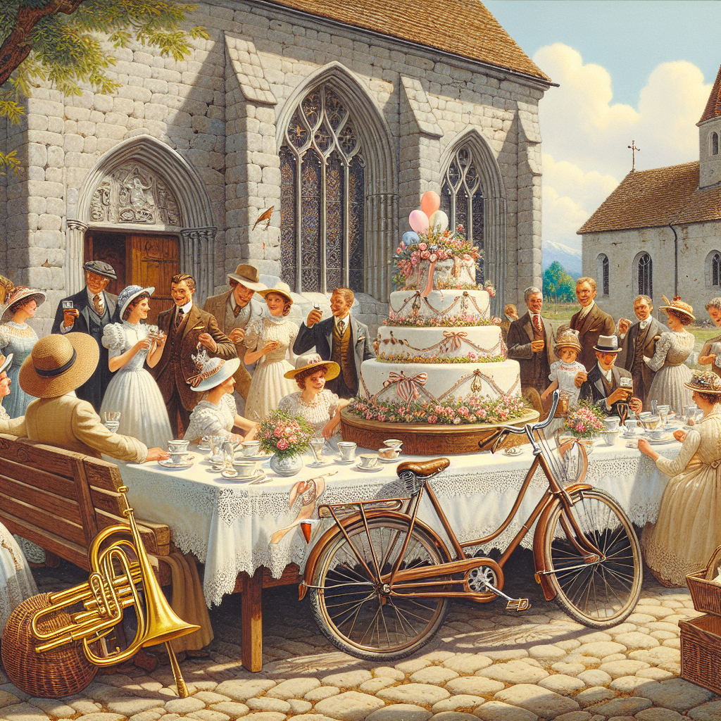 Depict a sunny courtyard beside an ancient stone church. A stylish bicycle decorated with ribbons and balloons is propped against a wooden bench, signaling a birthday celebration. Guests of various genders and descents are seen enjoying their time, some holding delicate tea cups and engaging in animated conversations. A long wooden table cloaked with a lace tablecloth is situated in the center, with an intricately decorated birthday cake reflecting motifs of the bicycle and the church, symbolizing local custom. Adjacent to the cake, there is an idle brass trumpet, eagerly awaiting its turn to fill the air with merry melodies, thus enhancing the ambiance of the birthday party.
Generated with these themes: Cycling , Cup of tea , Cake, Church, and Trumpet.
Made with ❤️ by AI.