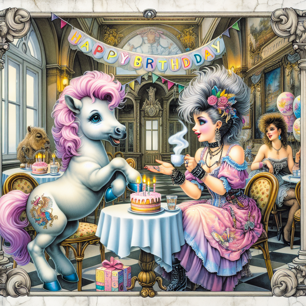 Create a whimsy, birthday-themed illustration. Center on a cherubic pastel-colored pony, gracefully holding a steaming cup of tea while sitting in a charming, old-world styled café. This café evokes the style of a classical Vienna establishment, complete with antique furnishings and an aura of nostalgic charm. Across from the pony, a woman with an edgy 80s style, featuring punk-chic hair and bold makeup, engages in animated conversation with the equine figure. Both are surrounded by an array of colorful birthday decorations, enhancing the celebratory mood of the scene.
Generated with these themes: a my little pony holding a cup of tea in an old viennese cafè talking to Madonna.
Made with ❤️ by AI.