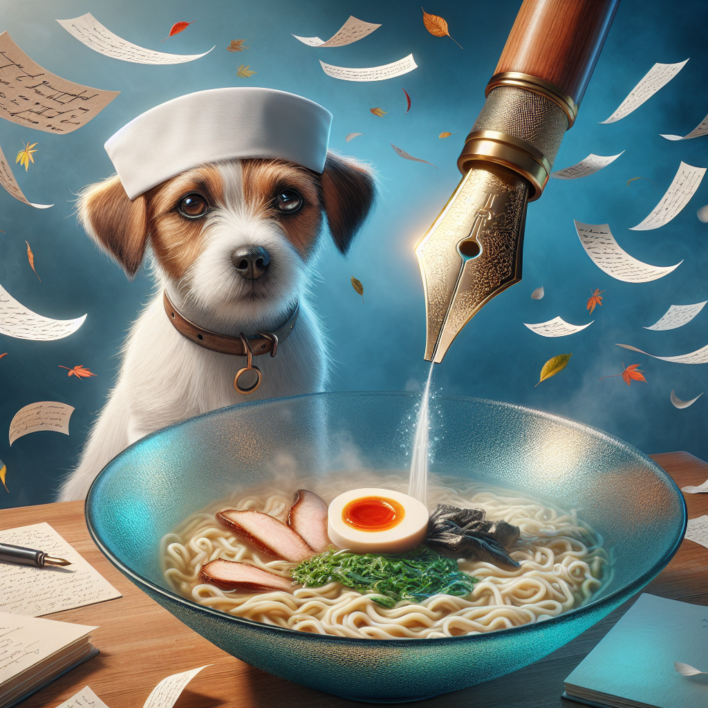 Imagine a surreal yet detailed scene of a birthday celebration. The main character of this scene is a well-groomed Jack Russell dog, sporting a tiny, adorable nurse's cap and sitting patiently next to a translucent, shimmering blue glass table. On the table, there is an oversized bowl of steamy ramen, the noodles and broth are painted with meticulous accuracy, capturing their inviting essence. Suspended above the table, a fountain pen appears to be magically scribbling heartwarming birthday wishes into the air. Every freshly penned word then gently descends, falling like vibrant autumn leaves around the festive arrangement.
Generated with these themes: Jack russell dog, Nurse, Blue glass, Ramen, and Fountain pen.
Made with ❤️ by AI.