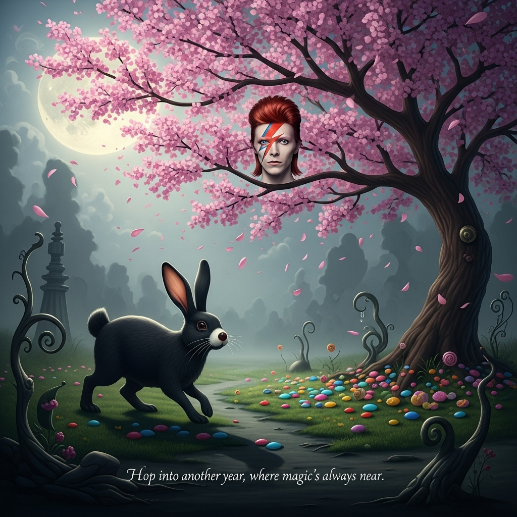 Black rabbit with white nose, Cherry tree, David Bowie , Sweeties, Gothic , and Birthday Card