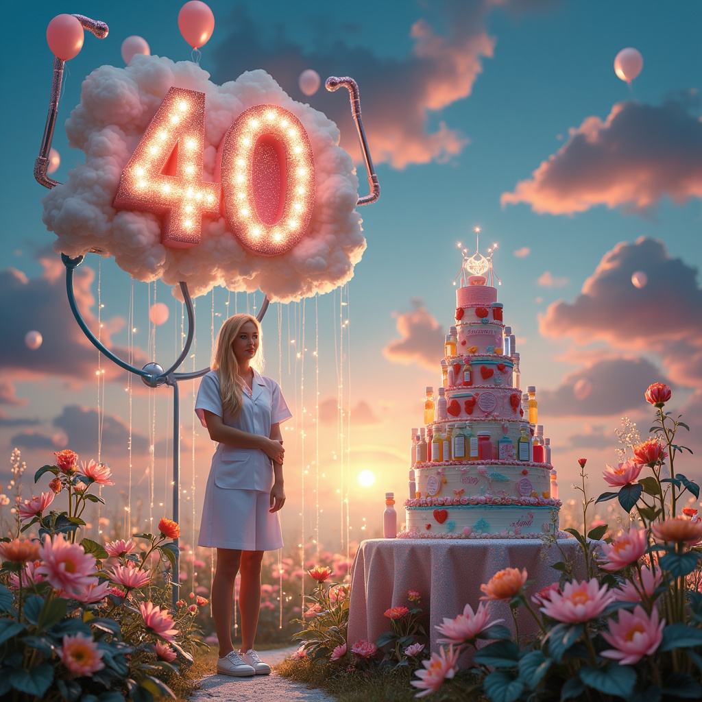 In this surreal, birthday-themed scene for Lindsay's 40th, imagine an otherworldly hospital garden. The sky is a vibrant mix of dusk and dawn, a gradient of pinks, purples, and golds, with large, iridescent balloons floating through the air, their strings gently brushing against glittering clouds that spell out "Happy 40th Birthday, Lindsay!" 

In the foreground, a blond nurse, dressed in a sparkling, sequin-studded uniform, stands proudly next to a whimsical, oversized stethoscope. The stethoscope's earpieces curl up into the clouds, forming the number "40" amidst a sea of twinkling glitter. Her golden hair shimmers, cascading in waves down her back, catching the sunlight.

On a nearby floating medicine cabinet, colorful bottles and pill containers are stacked artistically, some with lids off, releasing streams of glitter that mix with the air, adding a magical touch. Next to the cabinet, a giant birthday cake, shaped like a stethoscope and adorned with edible glitter and balloons, bears Lindsay's name intricately written in icing on the chest piece of the stethoscope-shaped cake.

Scattered around the garden, are exotic, surreal flowers with petals made from bandages and leaves that resemble prescription papers, each one fluttering as if alive. Some of these flowers hold small, holographic birthday messages for Lindsay. The whole scene is bathed in a gentle, shimmering light that gives the impression of a dreamlike, enchanted celebration, with each element intricately woven to celebrate Lindsay's 40th birthday in a fantastical, healthcare-themed wonderland.
Generated with these themes: 40th birthday, Balloons, Nurse, Stethoscope , Medicine , Glitter , and Blond nurse .
Made with ❤️ by AI.