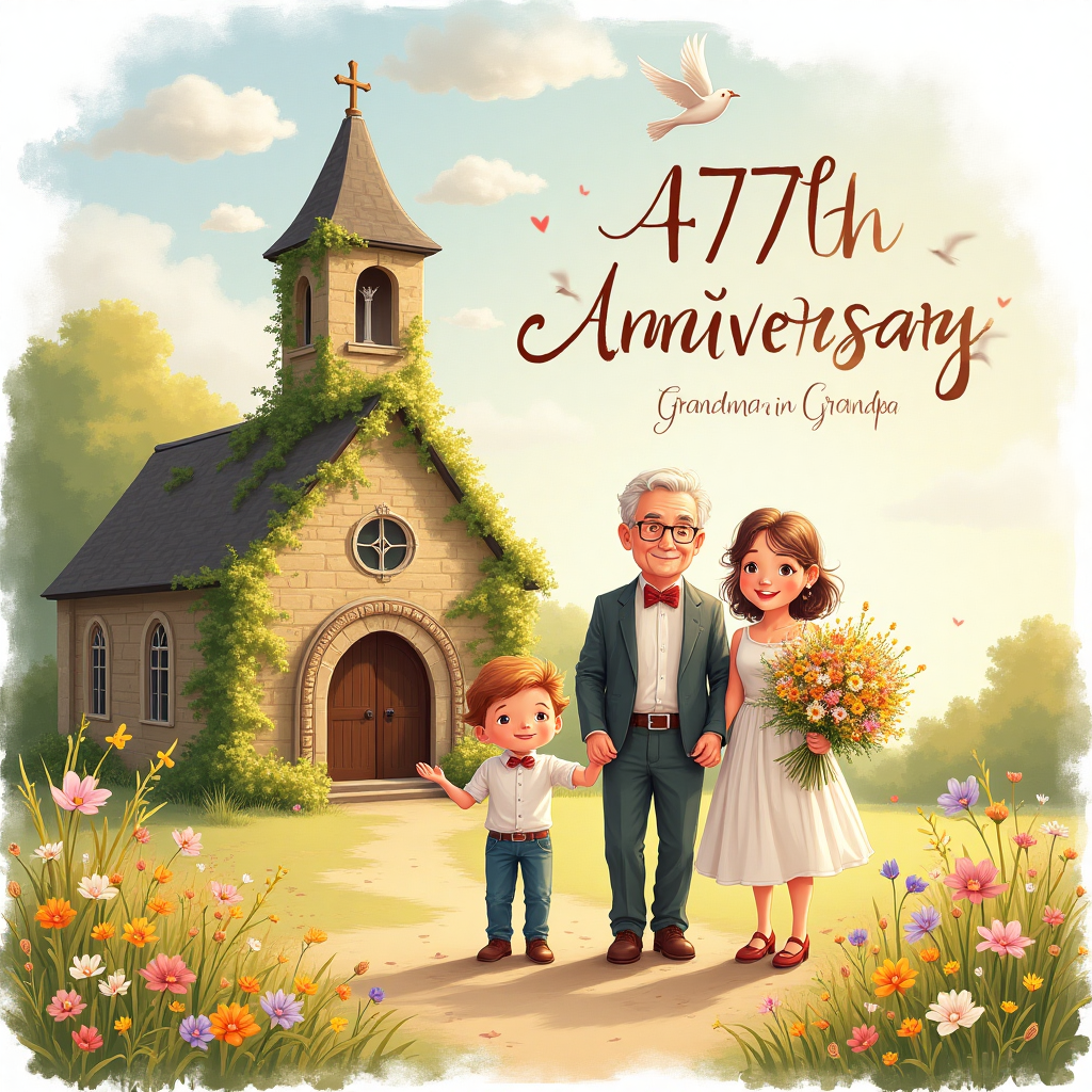 At the top of the Illustration Style image, the text reads: **Happy 47th Anniversary, Grandma & Grandpa**

---

### Image Description:

In the foreground, a charming hand-drawn scene unfolds with a little boy, the grandson, holding a large bouquet of wildflowers. His wide eyes sparkle with joy as he stands between his grandparents, who are lovingly holding hands. The grandparents, with gentle smiles, are dressed in their Sunday best. 

Behind them, an elegant old church with ivy gracefully climbing its stone walls serves as a backdrop, bathed in the golden light of the afternoon sun. The church's bell tower is adorned with a small, fluttering banner that reads, "Together in Harmony."

In the sky above, fluffy clouds form heart shapes, enhancing the whimsical, warm atmosphere. A pair of doves flutter gently around, adding to the scene's sense of peace and enduring love.

The colors are soft and warm, with textured brush strokes that convey a sense of nostalgia and tenderness. The composition is perfectly balanced, creating a delightful anniversary greeting.
Generated with these themes: Each other, Grandson, Church, and .
Made with ❤️ by AI.