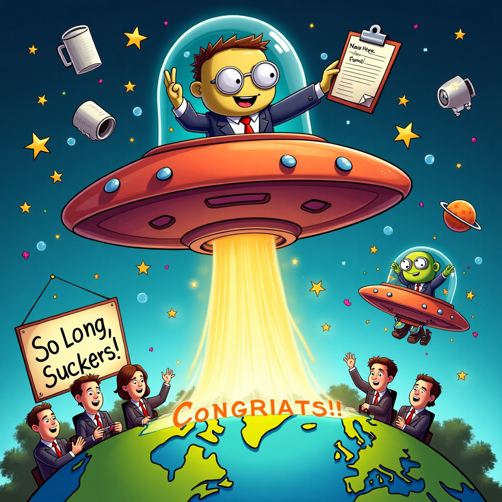 At the top of the illustration image: "Mandell Beamed Up to a New Job—Take Me to Your Hiring Manager!"

**Image Prompt:**  
A hilarious, colorful illustration of Mandell (humanoid figure in a funky business suit) being sucked up into a flying saucer by a cartoonishly silly alien with too many eyes and a clipboard labeled “New Hire Forms.” Around the saucer are job interview paraphernalia floating in space—coffee mugs, a tie, a desk plant, a keyboard with keys flying off. Below, Earth has a sign that reads “So Long, Suckers!” and co-workers waving tearfully while another alien hovers in a mini-ship holding a “Congrats!” banner. Stars, planets shaped like office supplies, and space dust in celebratory colors swirl around to add a festive, outer space vibe.
Generated with these themes: Alien, and New Job.
Made with ❤️ by AI.