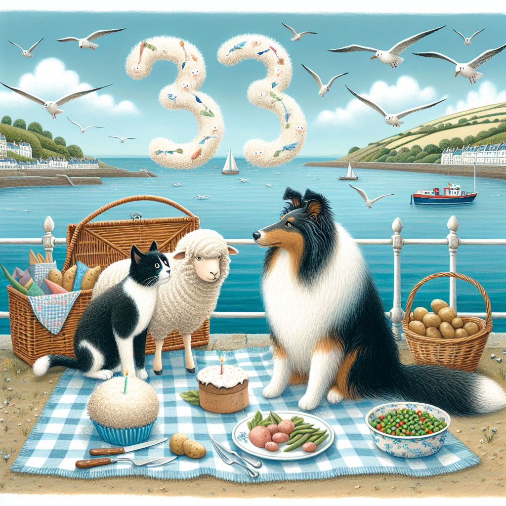 Create a whimsical birthday illustration with a black & white cat, a fluffy sheep, and a collie gathering around a picnic blanket by the seaside of England. Objects depict a scene of abundance and joy: a picnic basket spilling over with potatoes and peas. The tranquil sea in the backdrop acts as a serene accompaniment to the celebration. Playful seagulls forming the number '33' dominate the sky, creating a unique and festive atmosphere.
Generated with these themes: Black & white cat, sheep, collie, potatoes and peas, England seaside, “33“.
Made with ❤️ by AI.