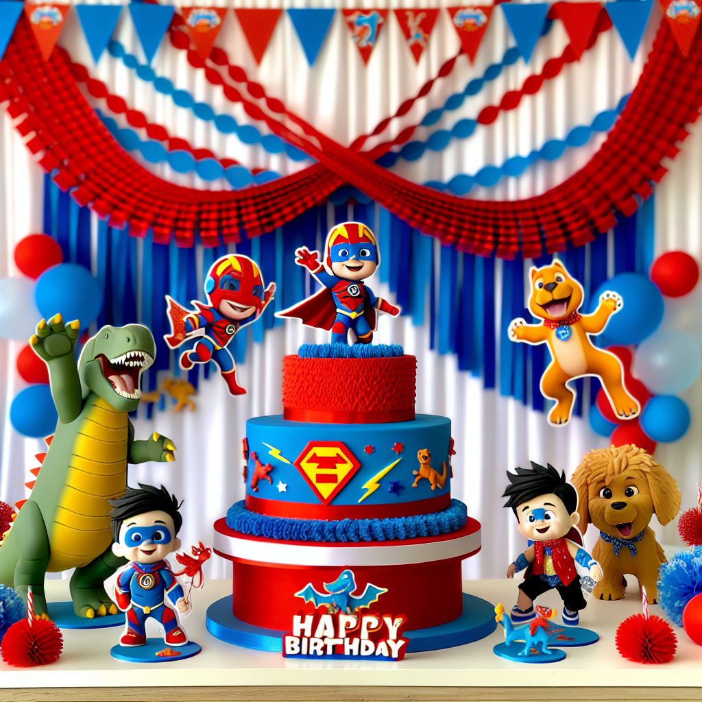 This birthday decoration features a playful cartoon theme that showcases 'A superhero in a red and blue suit, and his enthusiastic companions' alongside cheerful dinosaurs and fluffy puppies. Festive, red and blue-themed streamers crisscross above, as cartoon-style dinosaurs and happy puppies, donning celebratory gear, roam the party area. The birthday cake is designed with a creative intertwined pattern, in homage to our superhero, and topped with figures representing each of the elements - a masked hero in a red and blue costume, a friendly T-Rex, and a wagging-tail puppy - encapsulating the joyful birthday atmosphere.
Generated with these themes: Spidey and his amazing friends, Dinosaurs, and Puppies.
Made with ❤️ by AI.