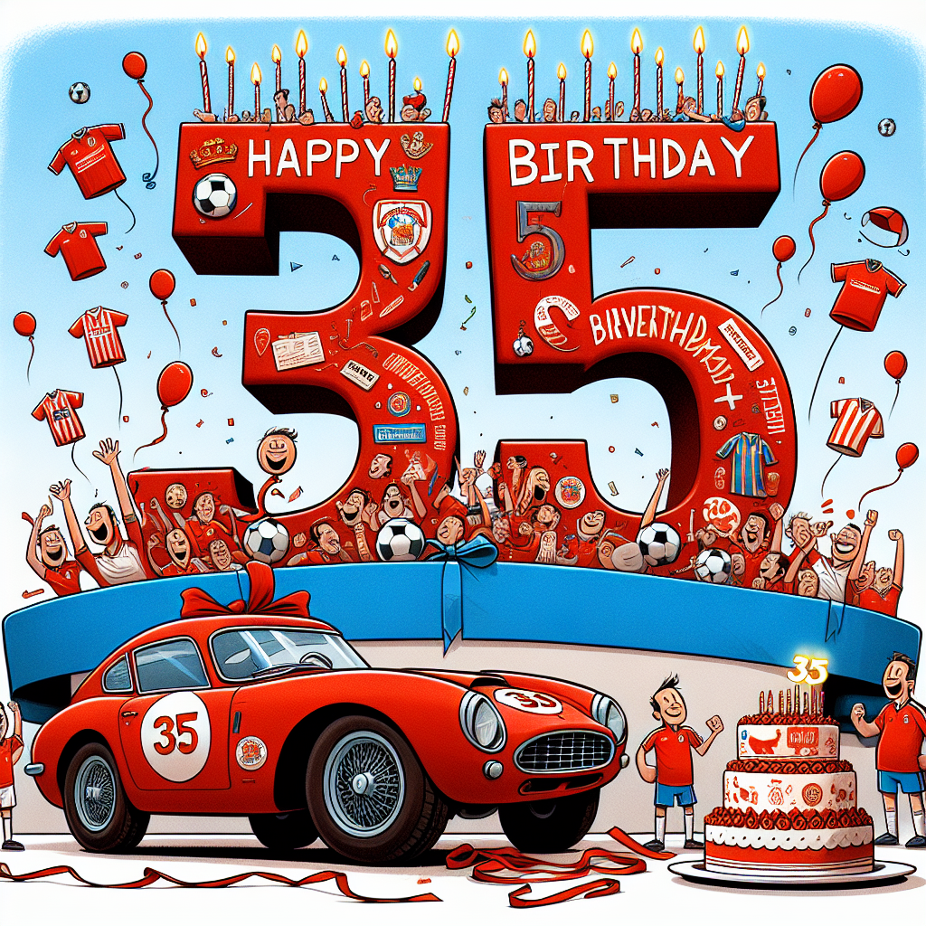 The image showcases a comically oversized red classic sportscar at the center of the scene, wrapped in a giant blue ribbon as though it is a birthday gift. Above the car, a large floating message says 'Happy 35th Birthday,' each word drawn in different styles, decorated with lighthearted motifs of a beloved football club. An anthropomorphic cake stands by the sportscar, adorned with mini red and white jersey-shaped icing designs, and 35 uniquely-designed candles flicker on top of it. Cartoon characters in sports gear shower the scene with streamers, cheering enthusiastically. Everybody present speaks to the celebratory mood of a 35th birthday and a love for football.
Generated with these themes: Red E type jaguar, Happy 35th birthday dean, Arsenal football club, and Cake.
Made with ❤️ by AI.