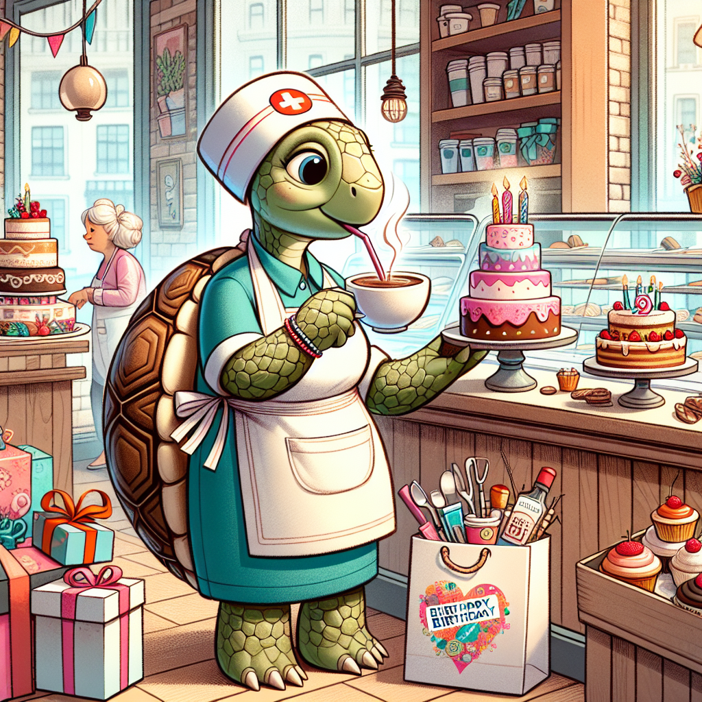 In a lively coffee shop setting, an illustrated birthday celebration is taking place. A tortoise character, adorned in nursing attire, is seen sipping on a hot cup of coffee. Balancing her tasks, she monitors a table packed with an assortment of delectable cakes. Her shopping bag, embellished with birthday-themed illustrations, is overflowing with jubilant gifts and decor.
Generated with these themes: Tortoise, Shopping, Nurse, Coffee, and Cakes.
Made with ❤️ by AI.