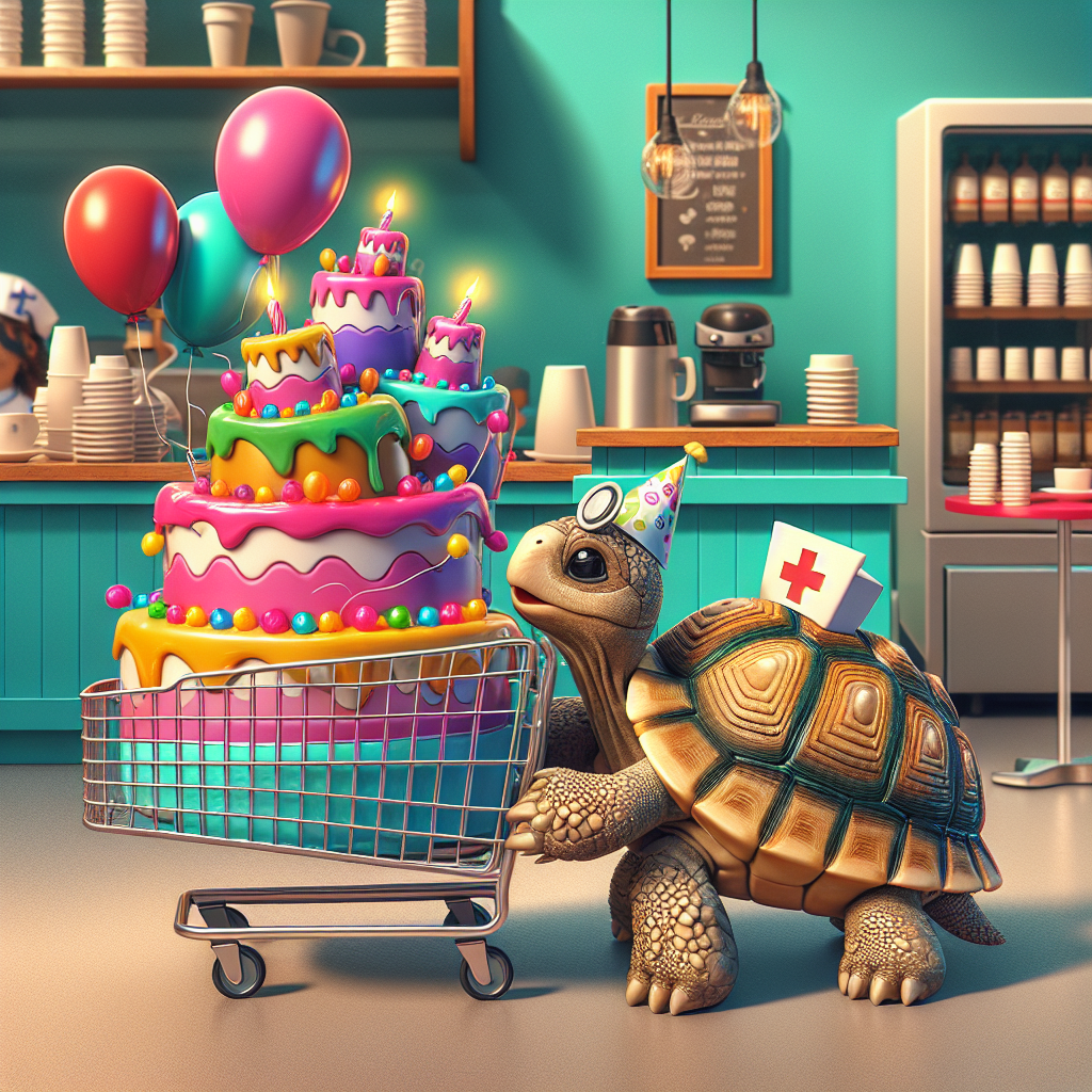Envision a whimsical cartoon scene, where a cheerful tortoise sporting a tiny nurse's cap is manoeuvring a shopping cart amass with an array of vibrant birthday cakes. This unique shopping cart is adorned with an array of bright balloons and confetti that add a festive touch to its look. This tortoise navigates through a packed coffee shop where even the cups are infused with life, serenading her with a cheerful birthday melody.
Generated with these themes: Tortoise, Shopping, Nurse, Coffee, and Cakes.
Made with ❤️ by AI.