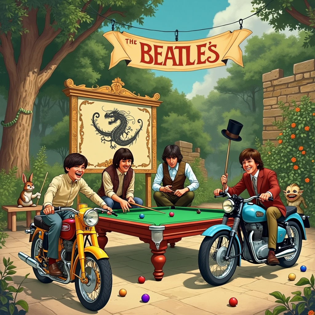 The scene unfolds in a whimsical, fantastical landscape reminiscent of Quentin Blake's dynamic line work combined with Norman Rockwell’s keen eye for detail. In the foreground, four lively characters resembling The Beatles, each riding vintage motorbikes, are parked at a quirky outdoor snooker table set against a backdrop of lush greenery, perhaps drawing from Maxfield Parrish's luminous color palettes. 

John, with his iconic round glasses, is leaning over his bike, holding a snooker cue, aiming for a shot. His motorbike is a classic British model, painted a vibrant yellow, adorned with snooker ball decals. Paul, sporting a casual waistcoat and trousers, sits cross-legged on the snooker table itself, laughing heartily, his motorbike a sleek, red Triumph with musical notes swirling along its frame. George, with his long flowing hair, is chalking his cue next to a green, vintage Royal Enfield motorbike covered in intricate, Aubrey Beardsley-inspired black-and-white floral patterns. Ringo, with his ever-present mischievous grin, is perched on his blue Harley Davidson, balancing a snooker ball on his drumstick like it’s no big deal.

In the background, there is a large, ornate snooker scoreboard reminiscent of Edward Gorey’s intricate linework, complete with a fantastical illustration of a dragon holding a snooker cue and wearing a top hat, its tail curling around the numbers. Surrounding the table are whimsical elements, such as a rabbit in a waistcoat from Beatrix Potter’s tales, curiously watching the game, and a Maurice Sendak-inspired little monster peeking from behind a bush, clutching a tiny snooker cue. A trail of snooker balls leads the viewer’s eye into the background where a rustic stone wall (inspired by Arthur Rackham’s textures) encloses the scene, overgrown with vines and flowers reminiscent of a fairy-tale setting.

Hanging above them all, a vintage banner flutters in the breeze with the text “Happy Birthday” painted in a Maxfield Parrish-inspired font, glowing with an otherworldly, golden hue. The sun sets in the distance, casting a warm glow over the entire scene, tying together this whimsical, intricately detailed birthday illustration.
Generated with these themes: The beatles, Motorbikes, and Snooker.
Made with ❤️ by AI.