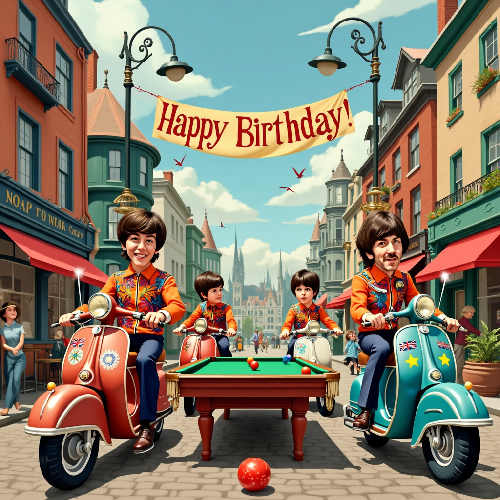 Imagine a lively birthday scene set in a whimsical 1960s-inspired British street. At the forefront, we see caricatures of The Beatles—John, Paul, George, and Ringo—all in their iconic Sgt. Pepper’s Lonely Hearts Club Band uniforms, but with a twist: they are riding colorful, retro-styled motorbikes. Each bike is uniquely designed to reflect their personalities; John's bike is adorned with peace symbols, Paul's bike features a Union Jack, George's bike has intricate sitar patterns, and Ringo's bike has star-shaped embellishments.

The street is lined with quirky Victorian-style buildings, with awnings and balconies reminiscent of Edward Gorey's detailed architecture. Above the scene, a banner hangs between two lampposts, with "Happy Birthday!" written in a flowing, Beardsley-inspired script.

In the middle ground, there is a peculiar outdoor snooker table set up on the cobblestone street. The table itself is illustrated in an exaggerated, Sendak-esque style with curving legs and ornate pockets. George Harrison is taking a shot, his face concentrated as he leans over the table. The snooker balls are not the traditional colors but are instead painted with tiny, charming illustrations of woodland creatures and flowers, in a style that pays homage to Beatrix Potter.

Surrounding the scene are various birthday elements: balloons with Maxfield Parrish-like luminosity, children in Victorian clothing inspired by Rackham's work chasing each other, and a whimsical cake stand with tiers of elaborate cakes reminiscent of Norman Rockwell’s nostalgic scenes. To the left, there's a large gramophone playing Beatles tunes, illustrated in the exaggerated, energetic lines of Quentin Blake.

The background features a slightly fantastical cityscape, with distant, fairy-tale spires and turrets that draw inspiration from Gustave Doré's imaginative landscapes. Birds in mid-flight and fluffy clouds hover above, adding a touch of whimsy and movement to the entire scene.

This detailed, playful mash-up of The Beatles, motorbikes, and snooker in a whimsical, fantastical street ensures a birthday card that tells a story bursting with delightful, humorous, and nostalgic elements.
Generated with these themes: The beatles, Motorbikes, and Snooker.
Made with ❤️ by AI.