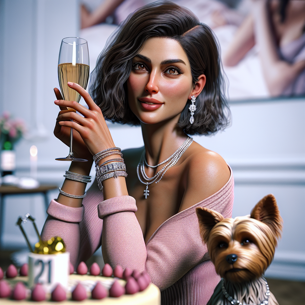 This realistic scene unfolds during a birthday celebration. A Middle-Eastern woman with dark brown hair cut just to her shoulders is the center of attention. She is fashionably dressed in a chic pink V-neck jumper, perfect for this cheerful occasion. On her wrists are a multitude of shimmering silver bracelets, flickering in the light with every movement she makes. By her side, her faithful Yorkshire terrier lounges, looking up at her with admiration. In her hand, she holds a glass of champagne, symbolizing a moment of festivity and opulence.
Generated with these themes: Lady with shoulder length dark brown hair, Pink v neck jumper, Lots of silver braclets , Yorkshire terrier dog, and Glass of champagne.
Made with ❤️ by AI.