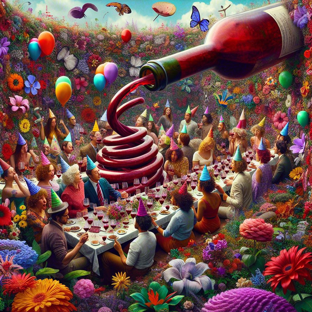 Generate a surreal image depicting a whimsical birthday celebration taking place in an overgrown garden filled with vivid, oversized flowers. In the center of this botanical haven, a diverse group of friends, including Caucasian, Black, South Asian, Hispanic, East Asian, and Middle Eastern individuals gather around a gargantuan, spiraling red wine bottle pouring an infinite stream of wine into various curious, mismatched glasses. Echoes of laughter fill the air, party hats soar like balloons, and garden tools transform into unorthodox party games, weaving a tapestry of magical festivity.
Generated with these themes: Gardening , Red wine, and Entertaining friends.
Made with ❤️ by AI.