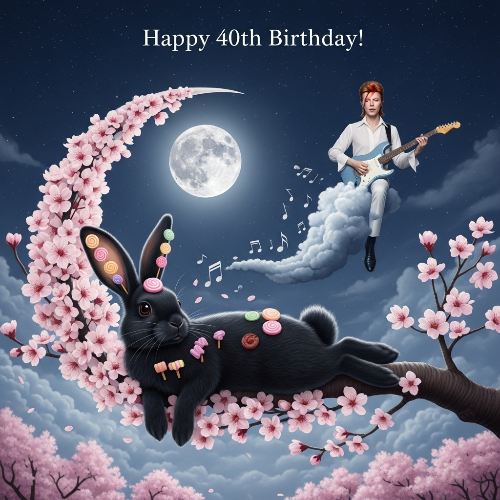 David Bowie, Black rabbit with white nose, Cherry tree, Gothic, Sweeties , and Birthday Card