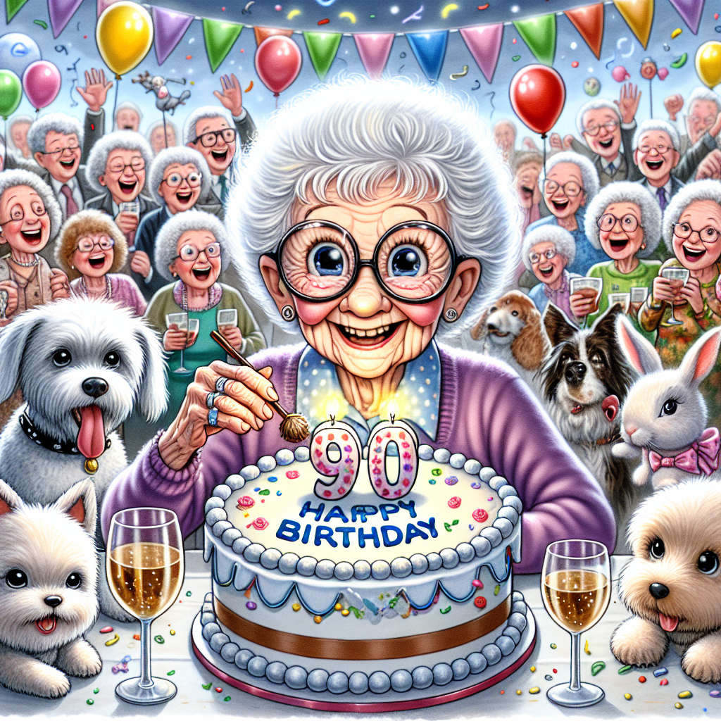 Grandma, short curly white hair, no glasses, small eyes, nice smile, 90th birthday cake, Sherry, Celebrate, balloons, Lots of family, Cat, dogs, rabbits, horse, birds, sheep, and Busy Birthday Card