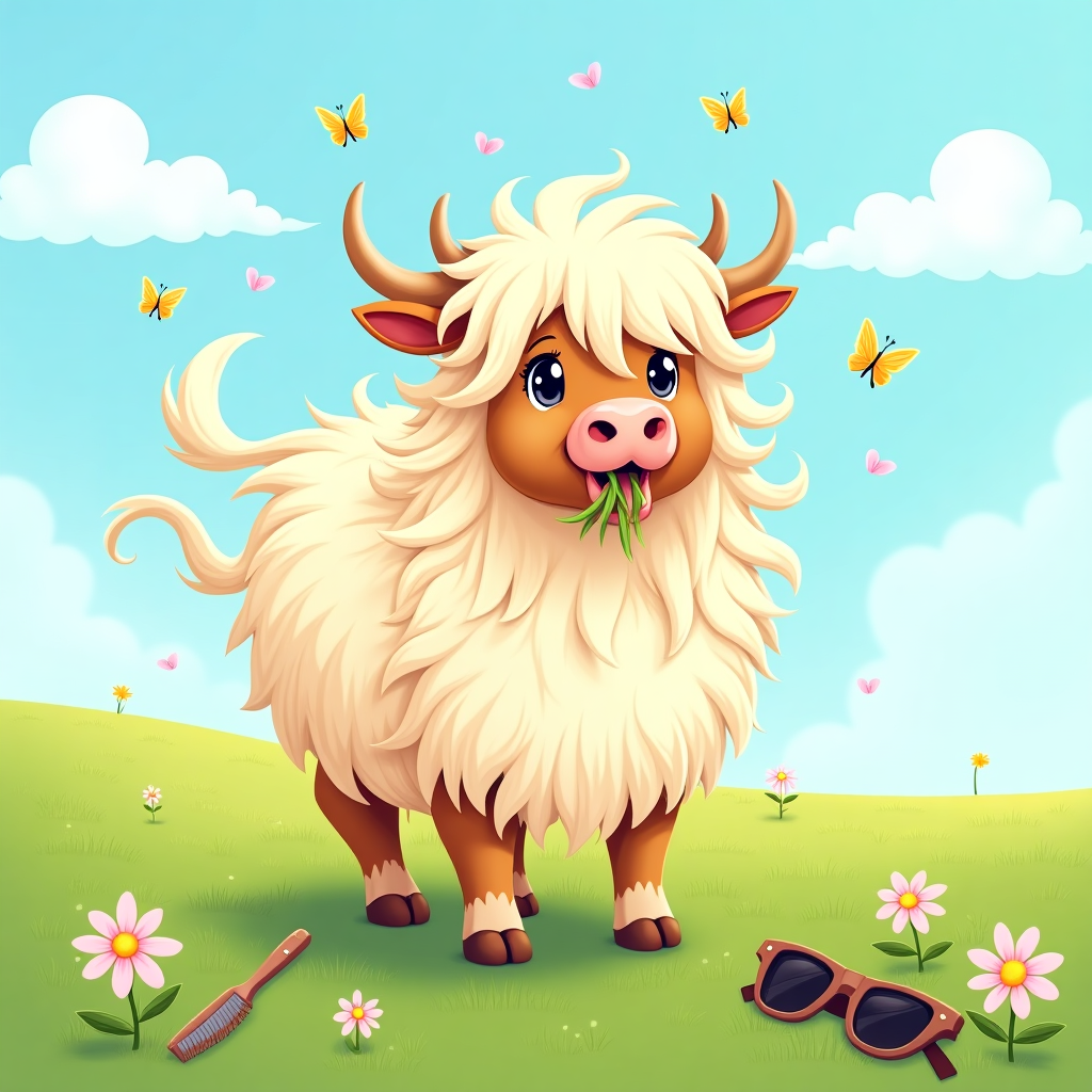At the top of the illustration image, "Hay there Heather… Happy Mother's Day, you're udderly amazing!"

Prompt for image generation:  
A quirky and humorous illustrated scene of a fabulously fluffy Highland cow with long, flowing hair standing in a sunny, green pasture. The cow is striking a glam pose mid-munch on a mouthful of grass, looking confidently off into the distance as though it's on a fashion runway. Butterflies flit around, and flowers poke through the grass. A hairbrush and a pair of sunglasses lie casually in the field near the cow, hinting at an offscreen pamper session. The sky is bright and blue with soft puffy clouds shaped subtly like hearts. The overall style is vibrant, whimsical, and cheeky, perfect for a fun Mother's Day greeting card. No human characters are included in the scene.
Generated with these themes: Long haired cow munching grass in the pasture, and .
Made with ❤️ by AI.