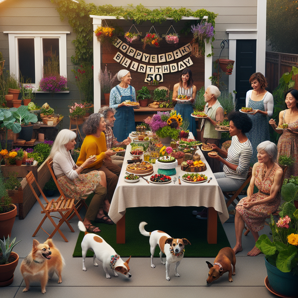 A quaint garden party is being held in the backyard of a recently purchased home, in honor of a woman's significant 50th birthday. The scene displays a homegrown vegetable and flower garden as an appealing background, mirroring the woman's enthusiasm for horticulture and healthy living. The celebration table is filled with wholesome appetizers, each sourced straight from the garden. Nearby, the birthday celebrant's two dogs, a Chihuahua and a Jack Russell, both sporting blossoming collars, dart among the attendees. The human participants reflect a broad range of descents—some are Caucasian, others are Black, some are Hispanic, and others are South Asian—and genders, imparting a sense of diversity and closeness to the gathering.
Generated with these themes: Her Chihuahua and Jack Russell, New house, Eating healthy, Gardening, 50th birthday, and Family.
Made with ❤️ by AI.