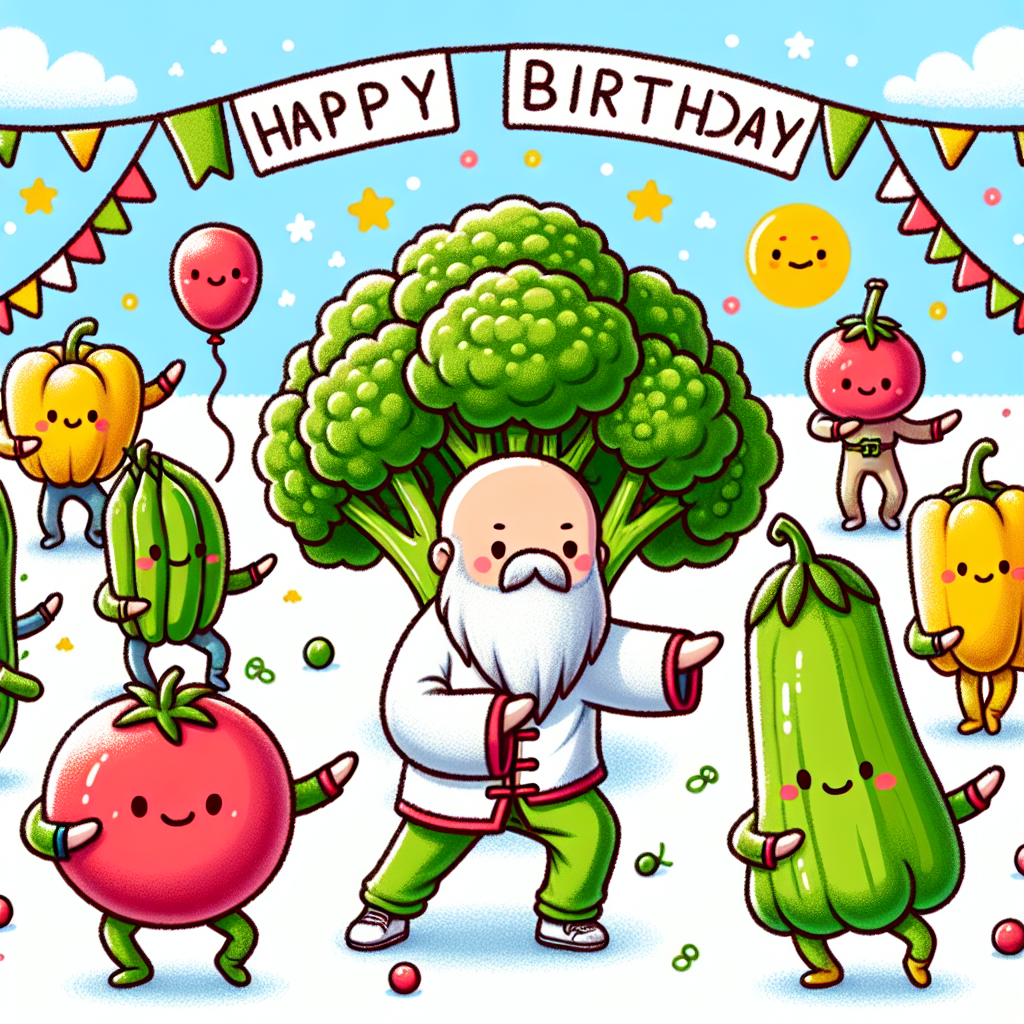 Illustrate a delightful and adorable scene of a tai chi class, in which the instructor is a wise old broccoli. The students should comprise of a diverse and colorful array of vegetables, with plump tomatoes, slender green beans, and round bell peppers, each posed in differing tai chi postures. The backdrop of this joyful event should display a sunny sky, and have the phrase 'Happy Birthday' whimsically designed to appear as if it were a cloud above them. Include charming additional birthday-themed details, such as decorations that are inspired by vegetables, and a cake festooned with candles which are shaped like a variety of tiny fruits and vegetables.
Generated with these themes: Tai chi, and Vegetables.
Made with ❤️ by AI.