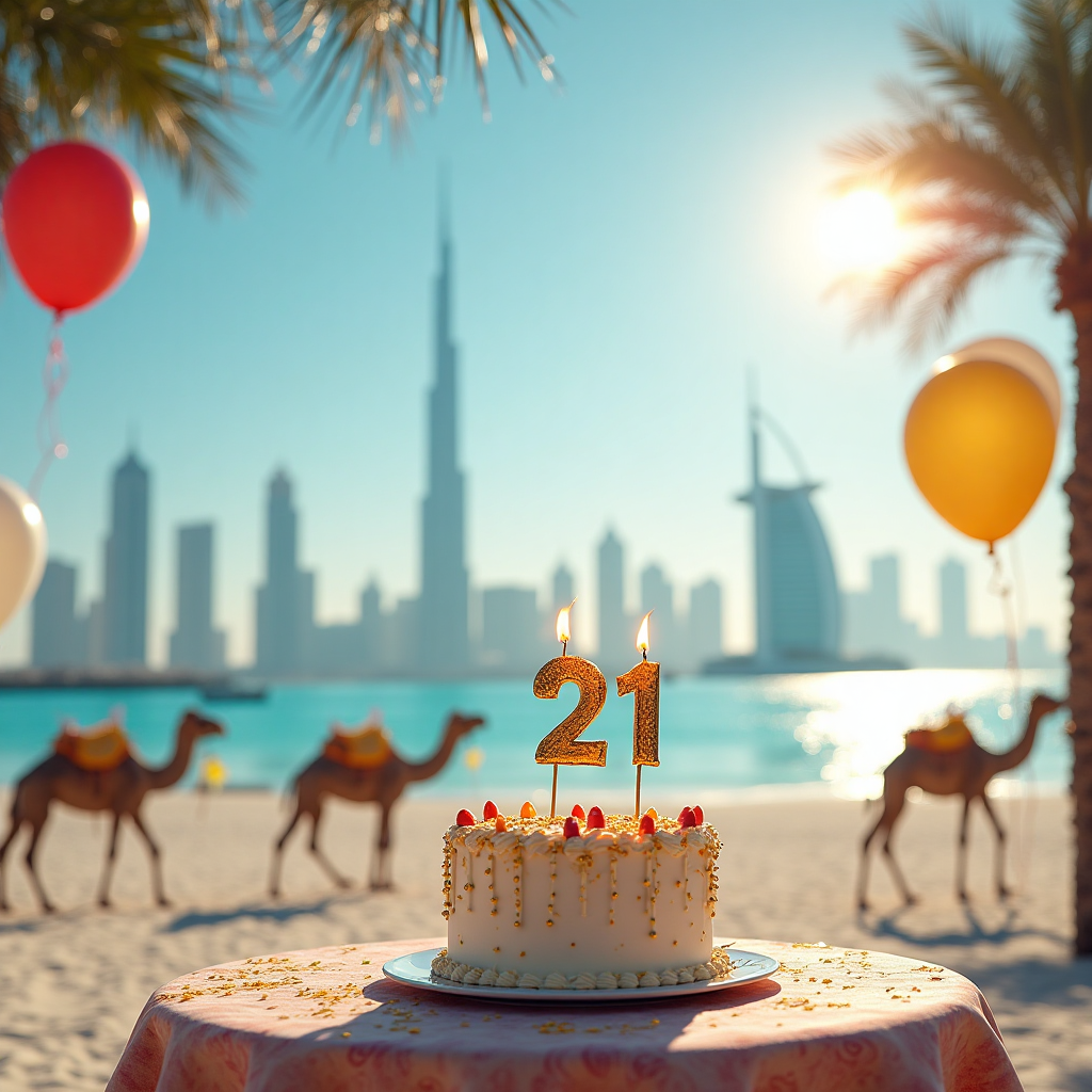 ### Prompt for Image

At the bottom of the Photorealistic picture taken from a camera image, include the text: **Have a fab 21st Birthday in Dubai Maisie**

**Image Description:**

Capture a breathtaking scene of a sunlit Dubai skyline, where the iconic silhouette of the Burj Khalifa and Burj Al Arab rise majestically against a crystal-clear blue sky. In the foreground, a beautifully decorated traditional birthday cake with "21" candles stands proudly on a lavish table adorned with golden 21st birthday banners and vibrant balloons swaying in a gentle breeze.

To the side, a playful caravan of camels meanders across the pristine sands of the Palm Jumeirah, with the luxurious Atlantis Hotel visible in the background, shimmering under the Dubai sun. The entire scene radiates a sincere and joyous mood, perfect for celebrating a milestone birthday in style.

This ultra-high-definition 4K UHD photograph should capture every detail, from the rich textures of the sand to the reflections on the towering skyscrapers, creating a lifelike and immersive experience that embodies the excitement of a 21st birthday in Dubai.
Generated with these themes: Dubai, atlantic hotel, the palm, burj khalifa, burj al arab, camels, Traditional birthday cake, 21st banners, ballons , and .
Made with ❤️ by AI.