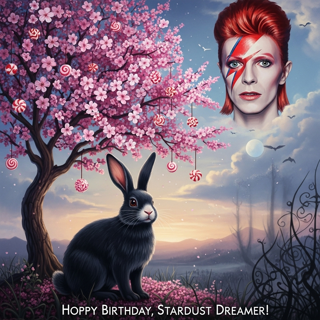 Black rabbit with white nose, Cherry tree, David Bowie , Sweeties, Gothic , and Birthday Card