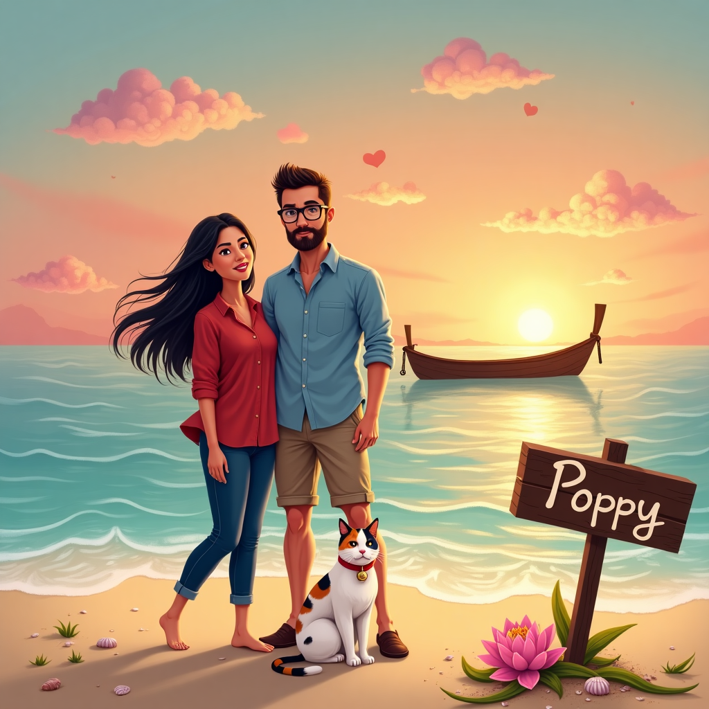 The scene unfolds on a picturesque Thai beach at sunset, with a soft, golden-pink sky stretching above. In the foreground, a Thai lady with long, flowing black hair stands confidently. She wears snug blue jeans and a vibrant red blouse, the fabric catching the gentle evening breeze. Beside her stands a handsome English gentleman, sporting a well-groomed short brown beard. He wears stylish khaki shorts and a crisp blue shirt, the sleeves casually rolled up to the elbows. Perched on his nose are classic round glasses that reflect the last rays of the sun.

Between them sits a charming white cat, its fur dappled with playful ginger and black splodges. Around its neck is a red collar adorned with a tinkling bell. The cat gazes contentedly towards the viewer, its pose relaxed on the sandy beach.

In the background, the iconic silhouette of a traditional Thai long-tail boat can be seen, resting gently in the tranquil azure sea. The water sparkles with the warm hues of the setting sun, reflecting a dazzling array of colors.

A small, rustic wooden signpost to the side of the scene reads "Poppy" in whimsical, swirling letters, reminiscent of seaweed tangled by the tide. This signpost emerges from the sand, adorned with small seashells and coral pieces, adding texture and a touch of seaside charm.

To capture the romantic theme, heart-shaped clouds float subtly in the sky, each edge highlighted with the soft glow of twilight. A small cluster of pink lotus flowers blooms at the edge of the sand, a nod to the beauty of Thailand and the couple's shared affection.

The scene, rich in detail and vibrant colors, is an ode to love across distances, encapsulating the warmth and serenity of a shared moment on a Thai beach.
Generated with these themes: Thai lady long hair in blue jeans, Hansom English guy with short brown beard in shorts and blue shirt with glasses, White cat with ginger and black sploges and red collar with bell, Thailand, Romantic, Long distance relationship, and In love.
Made with ❤️ by AI.