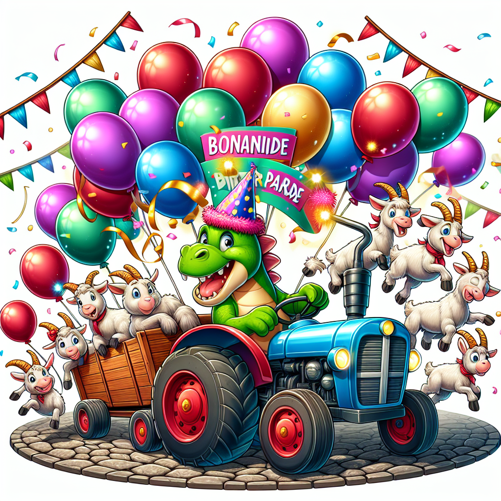 Create a fun-filled and lighthearted cartoon illustration showcasing a bonafide birthday parade. The scene is led by a vibrant tractor decorated with multiple floating balloons and driven by a playful dinosaur, exhibiting an air of glee. Behind the tractor, a group of nimble goats also show excitement, some playfully climbing aboard the tractor, depicting a jovial interaction between the dinosaurs and goats. The scene is further adorned with flying streamers and sparkling confetti fluttering across the background, contributing to the mayhem and also adding a celebratory tone to the image. Let the scene brim with infectious enthusiasm and joy to capture the spirit of a festive birthday celebration.
Generated with these themes: Dinosaurs, tractors, goats.
Made with ❤️ by AI.
